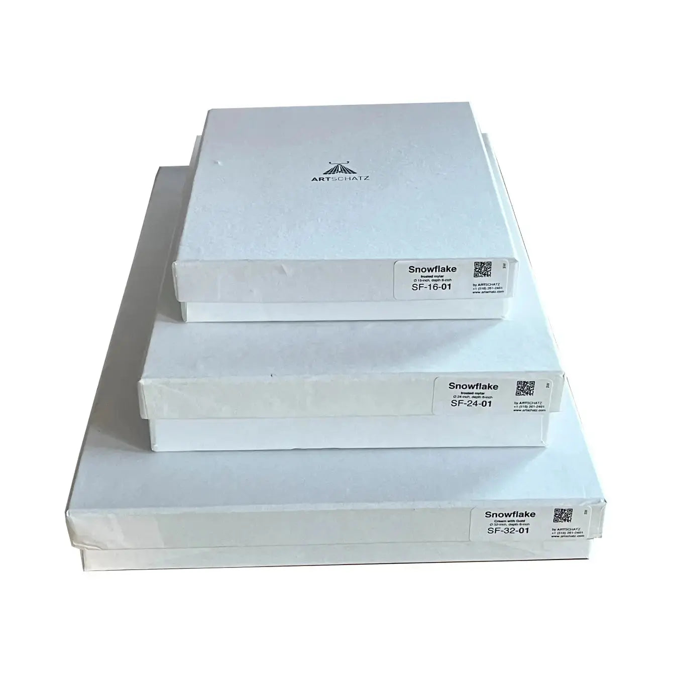 Stack of three white Artschatz Snowflake 16-inch frosted mylar paper star boxes. - Snowflake -16 inch - frosted mylar