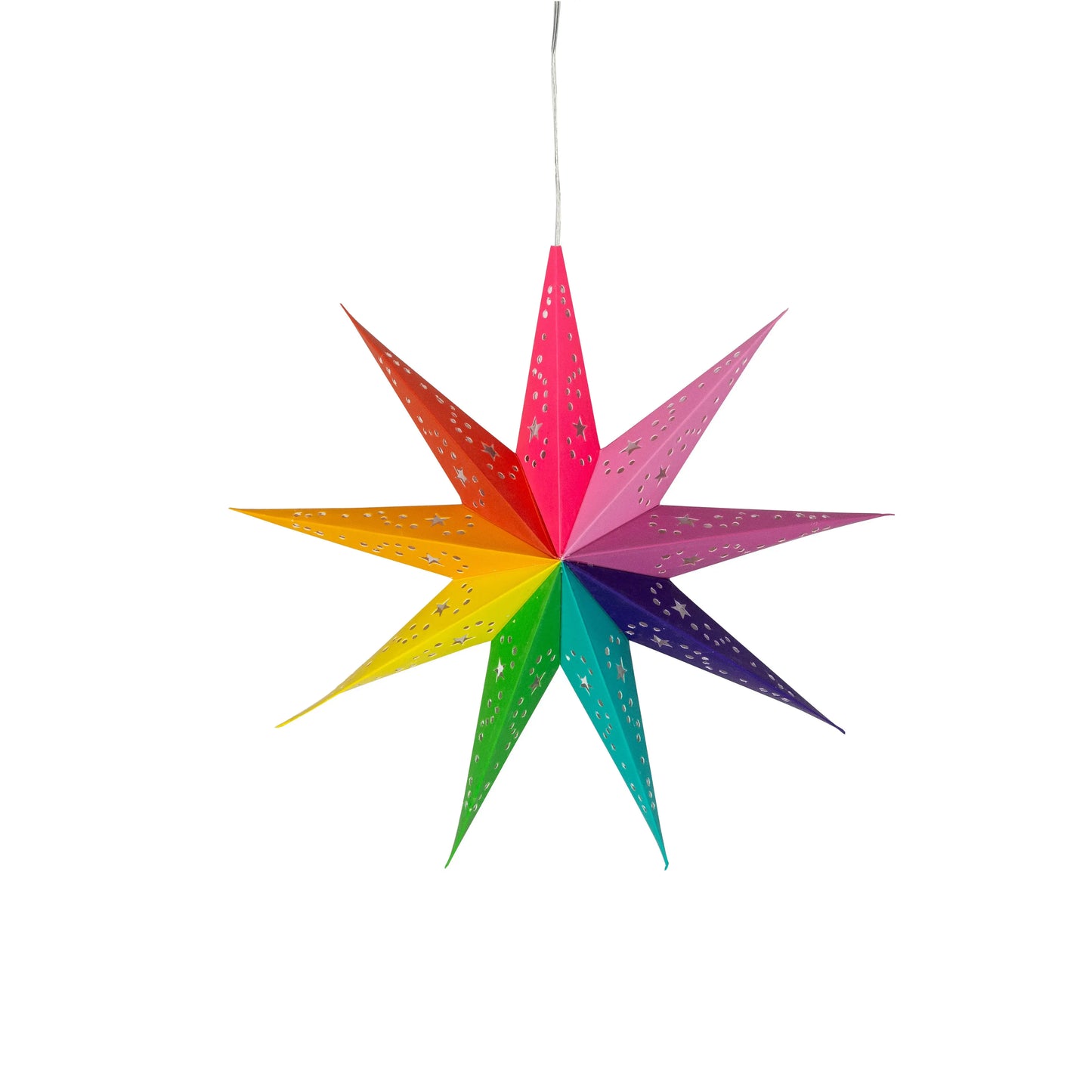 Amitola Pride 9-point 9-inch rainbow paper star by Artschatz with hanging string and cutout details. - Amitola Pride Star 9 Point 9" Rainbow
