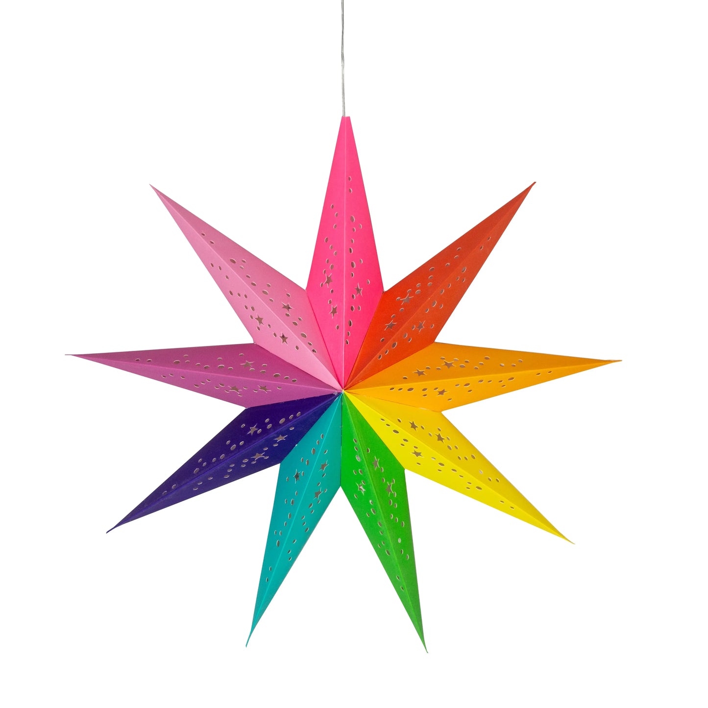 Amitola Pride Star 9-point paper star in vibrant rainbow colors with perforated twinkle details, Artschatz design. - Amitola Pride Star 9 Point 16" - Rainbow