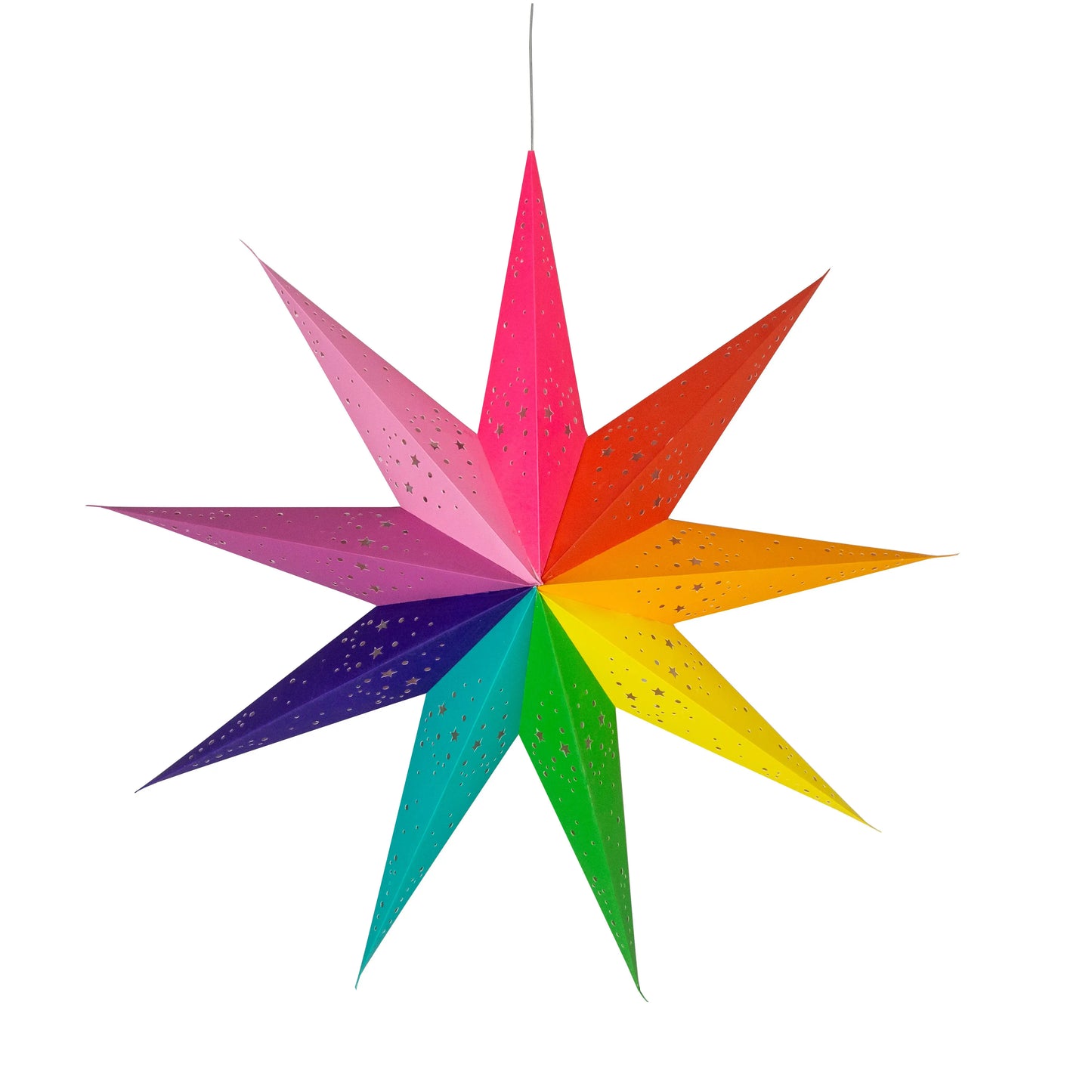 Rainbow-colored 25" 9-point paper star with perforated details, Artschatz pride design. - Amitola Pride Star 9 Point 25" - Rainbow