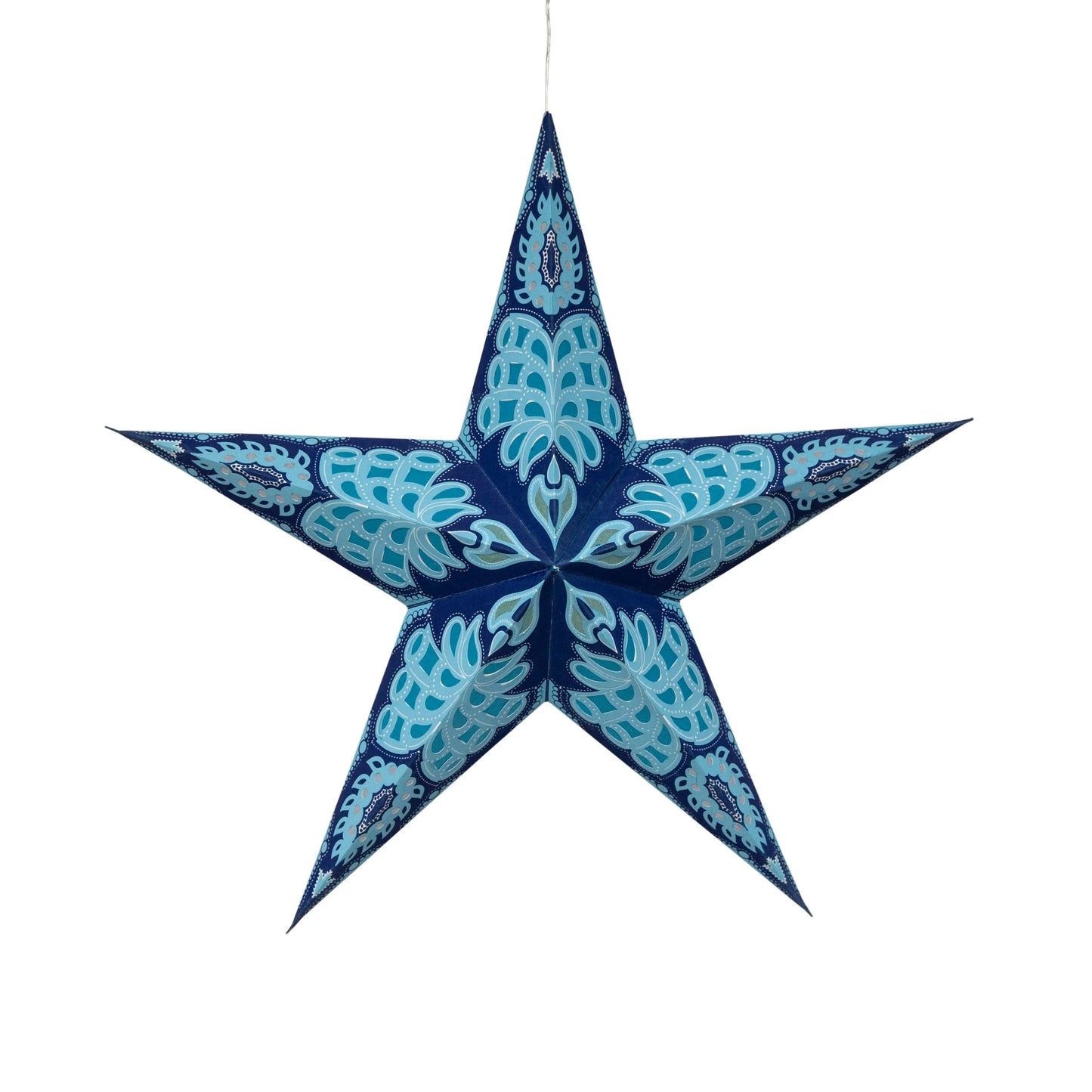Blue 24-inch Artschatz paper star with intricate light blue patterns and five points. - Alas 5 Point 24" blue
