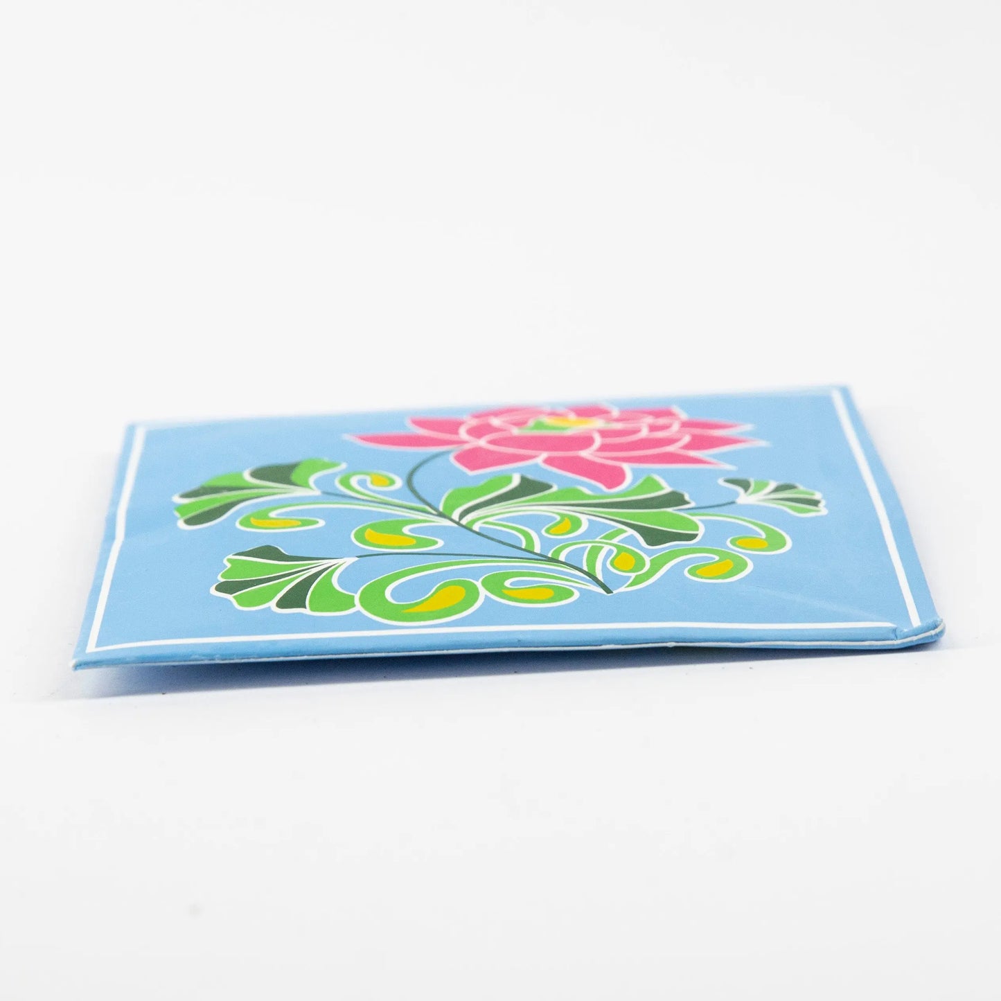 Blue fabric scented sachet pouch with pink and green floral design, Artschatz branding. - Auroshikha - Scented Sachet / Pouch - Nag Champa