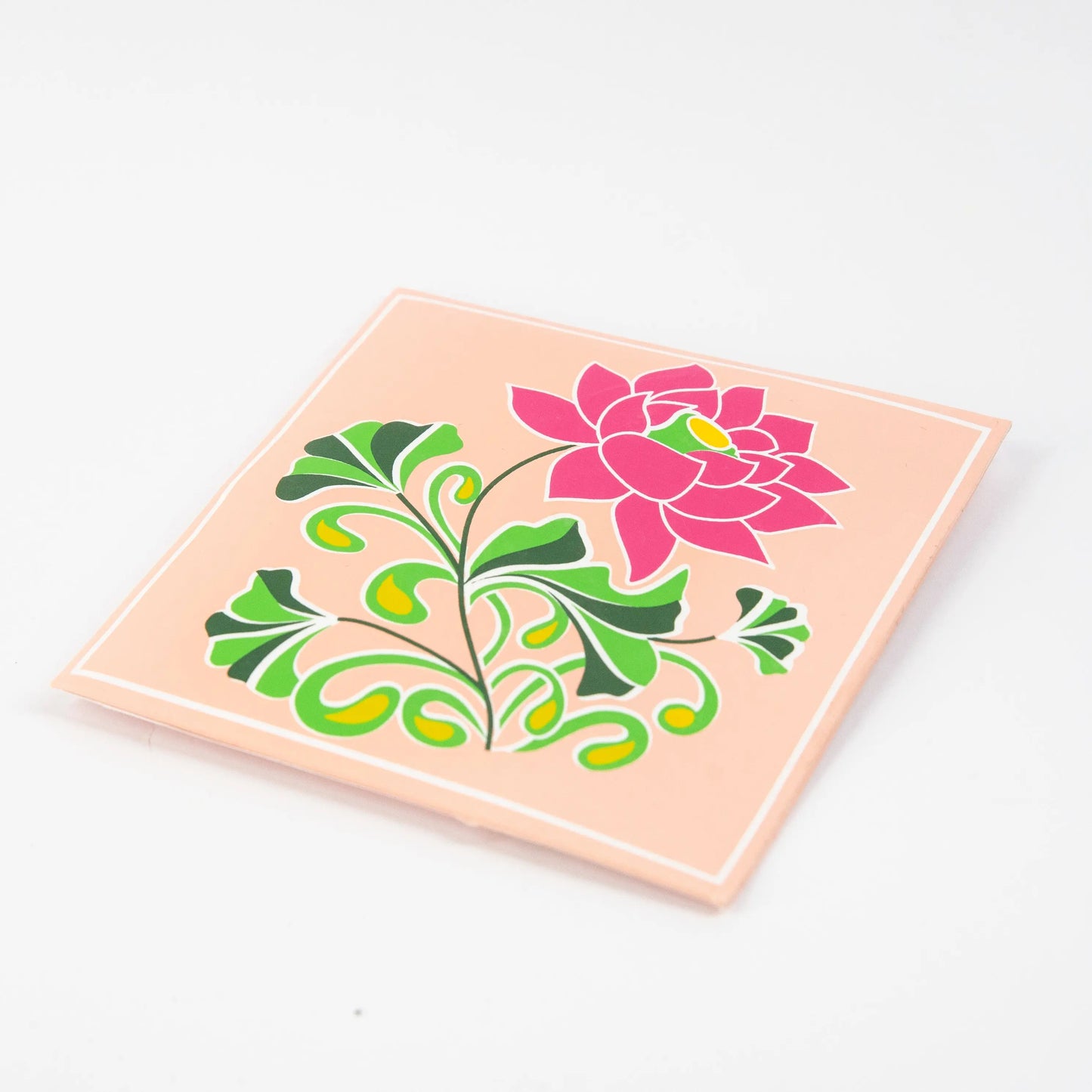 Square pastel pink scented pouch with green leaves and a bright pink rose illustration, Artschatz style. - Auroshikha - Scented Sachet / Pouch - Rose