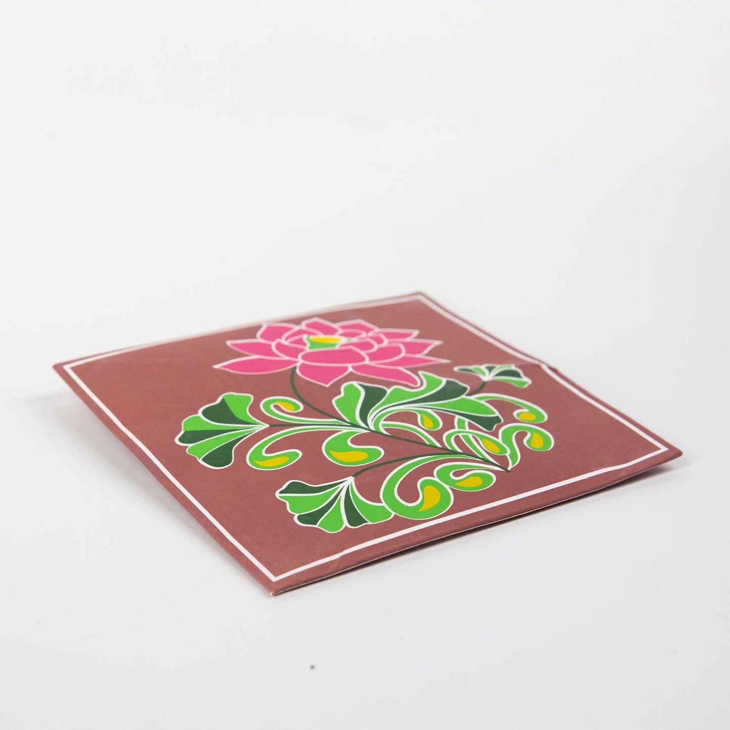 Square brown Artschatz scented sachet with pink lotus and green leaf design on front. - Auroshikha - Scented Sachet / Pouch - Sandalwood