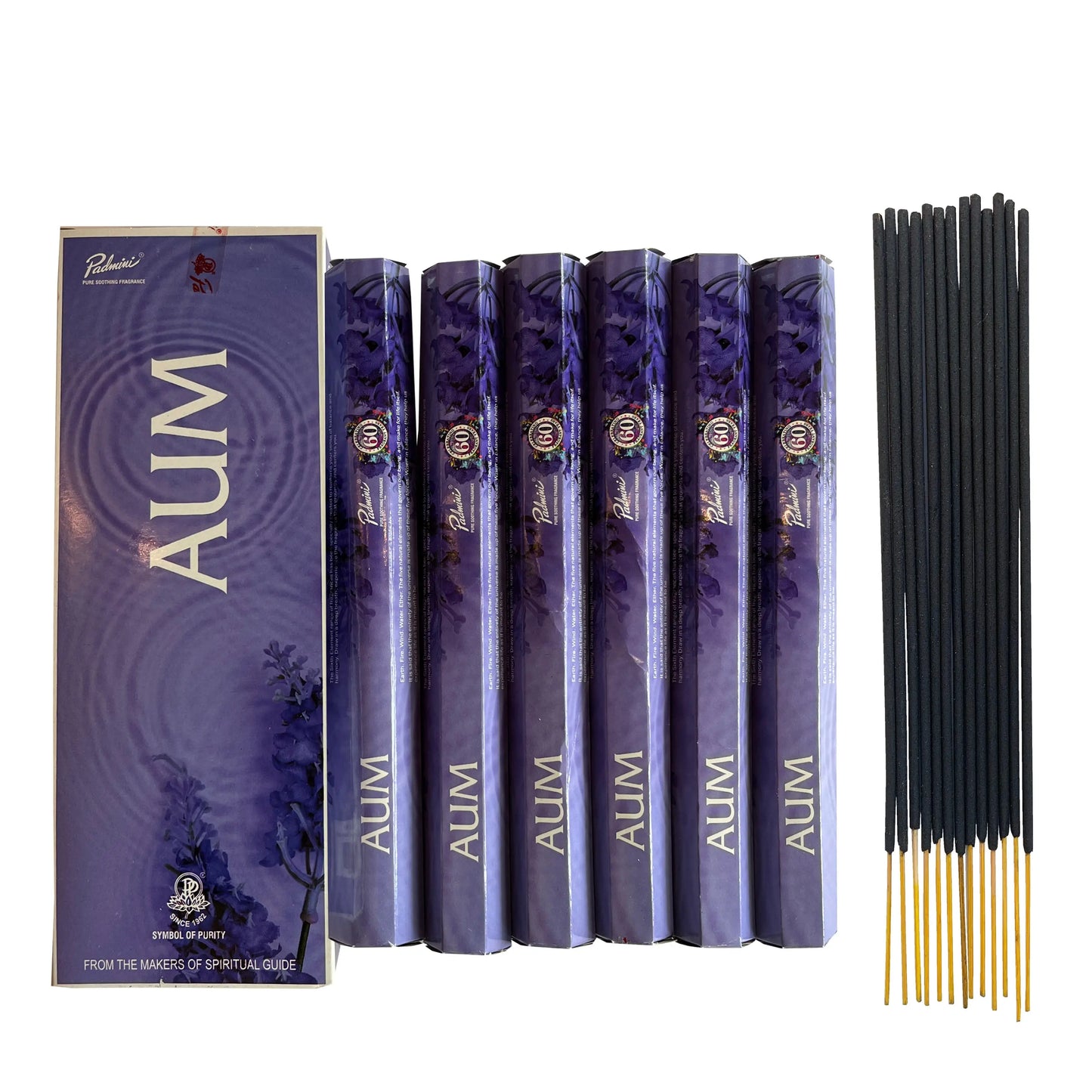 Six purple Artschatz AUM herbaceous incense stick boxes alongside loose black incense sticks with golden ends. - AUM - Herbaceous Incense Sticks (6x15 Sticks = Total 105 Sticks)