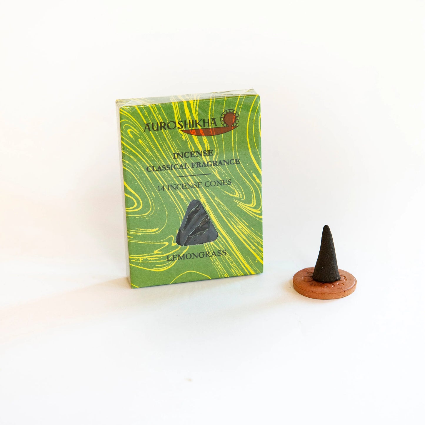 Artschatz Lemongrass Auroshikha marbled incense cones with terracotta holder on white background. - Lemongrass