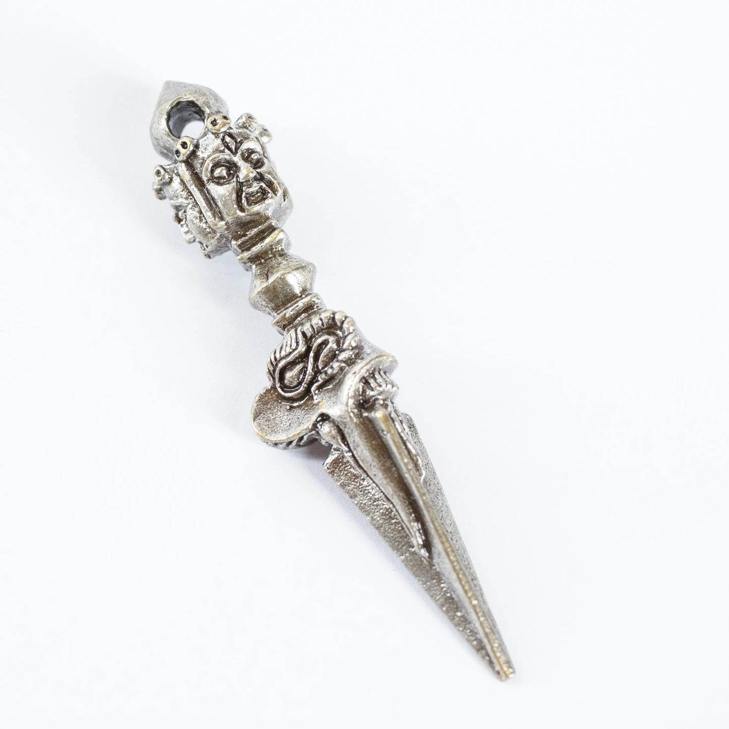 Large silver brass Kila Phurba dagger pendant with three Buddha heads, Artschatz design. - Kila Phurba Dagger with Three Buddha Heads *Large* Silver Brass Pendant Necklace