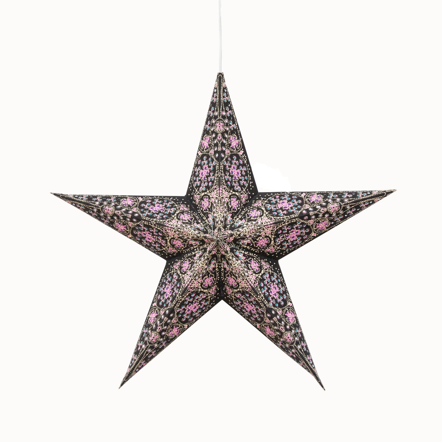 Turquoise and violet Artschatz cathedral 5-point paper star, 15-inch hanging decoration. - Cathedral 5 Point 15" turquoise/violet