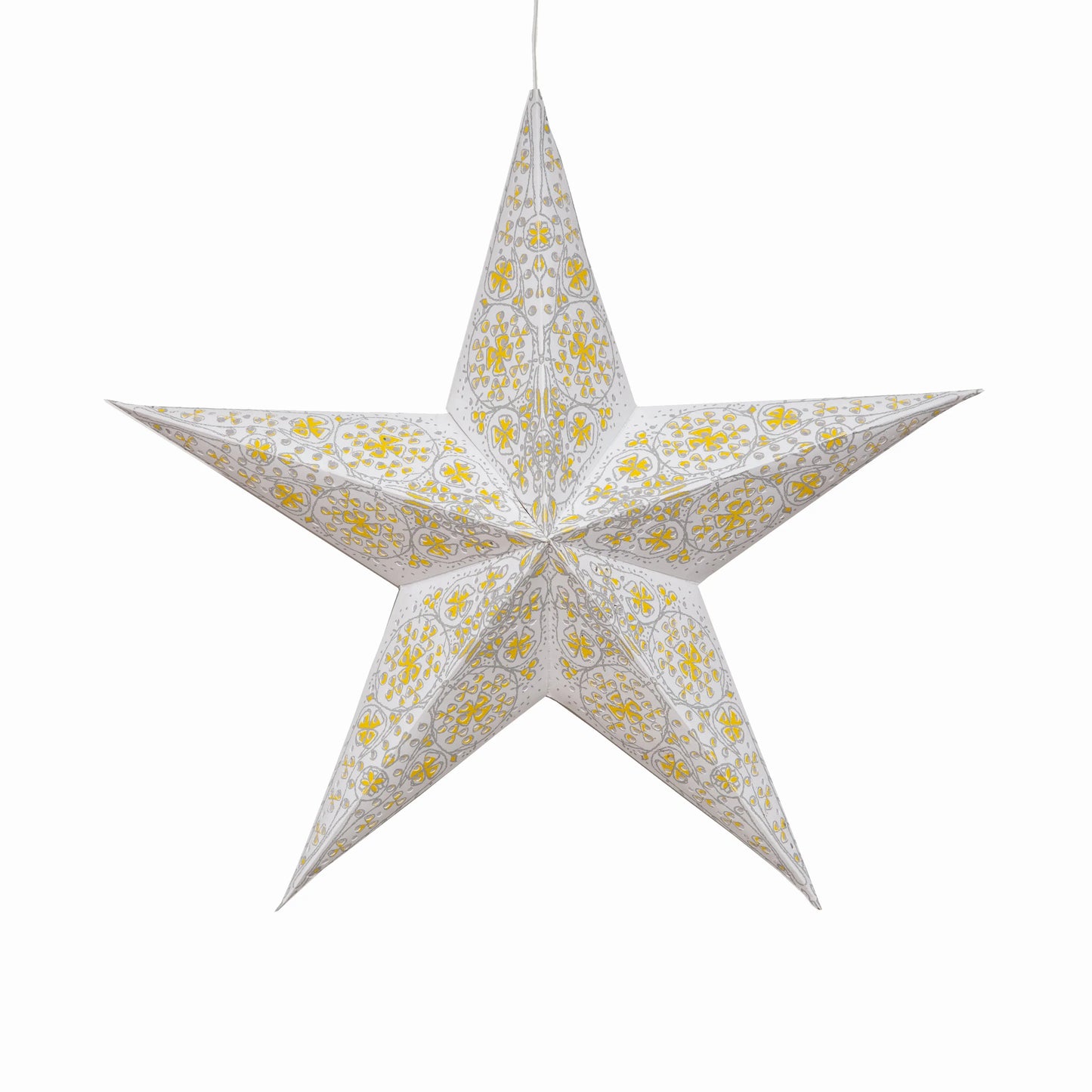 Artschatz 15" white and yellow cathedral 5-point paper star lantern with intricate patterns. - Cathedral 5 Pointer 15" White/Yellow