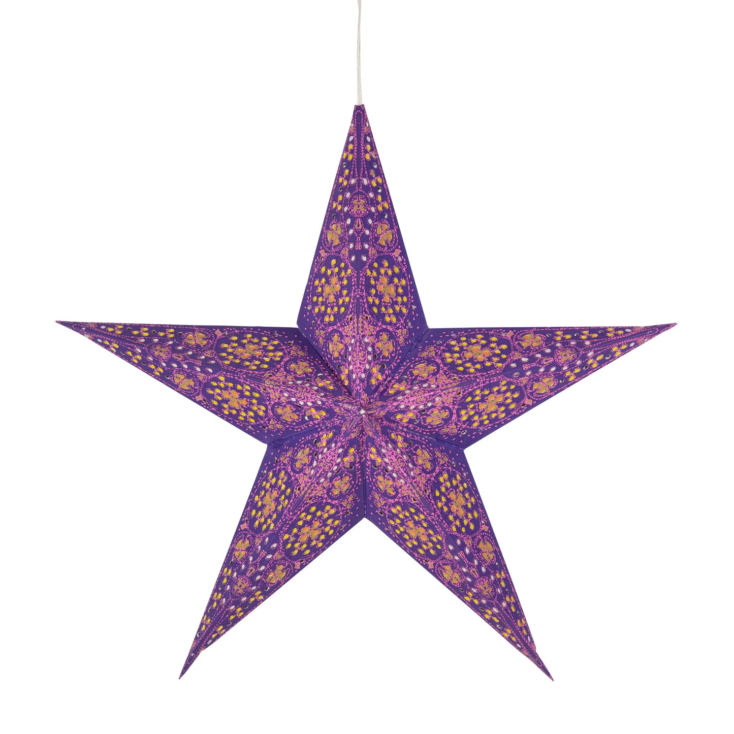 Purple Artschatz 15" cathedral 5-point paper star with gold accents hanging. - Cathedral 5 Pointer 15" purple/violet