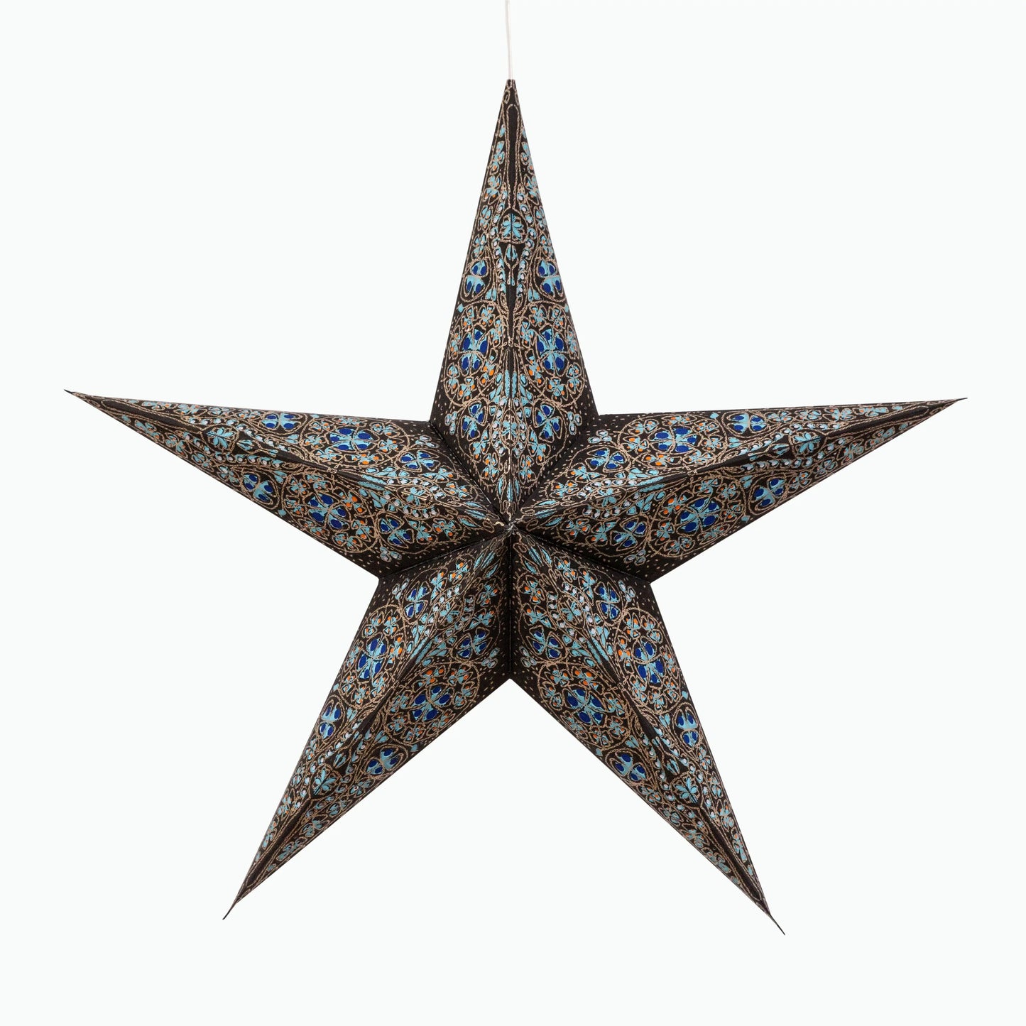 ArtSchatz 24-inch blue and orange cathedral paper star with five points and intricate patterns. - Cathedral 5 Point 24" blue/orange