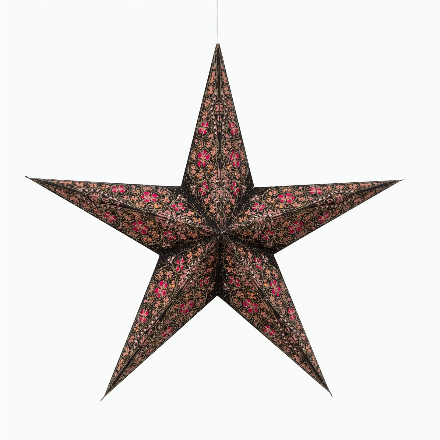 24-inch Artschatz black paper star with red and orange floral tissue inlay, 5-point cathedral design. - Cathedral 5 Pointer 24" Black/pink with red/orange tissue inlay