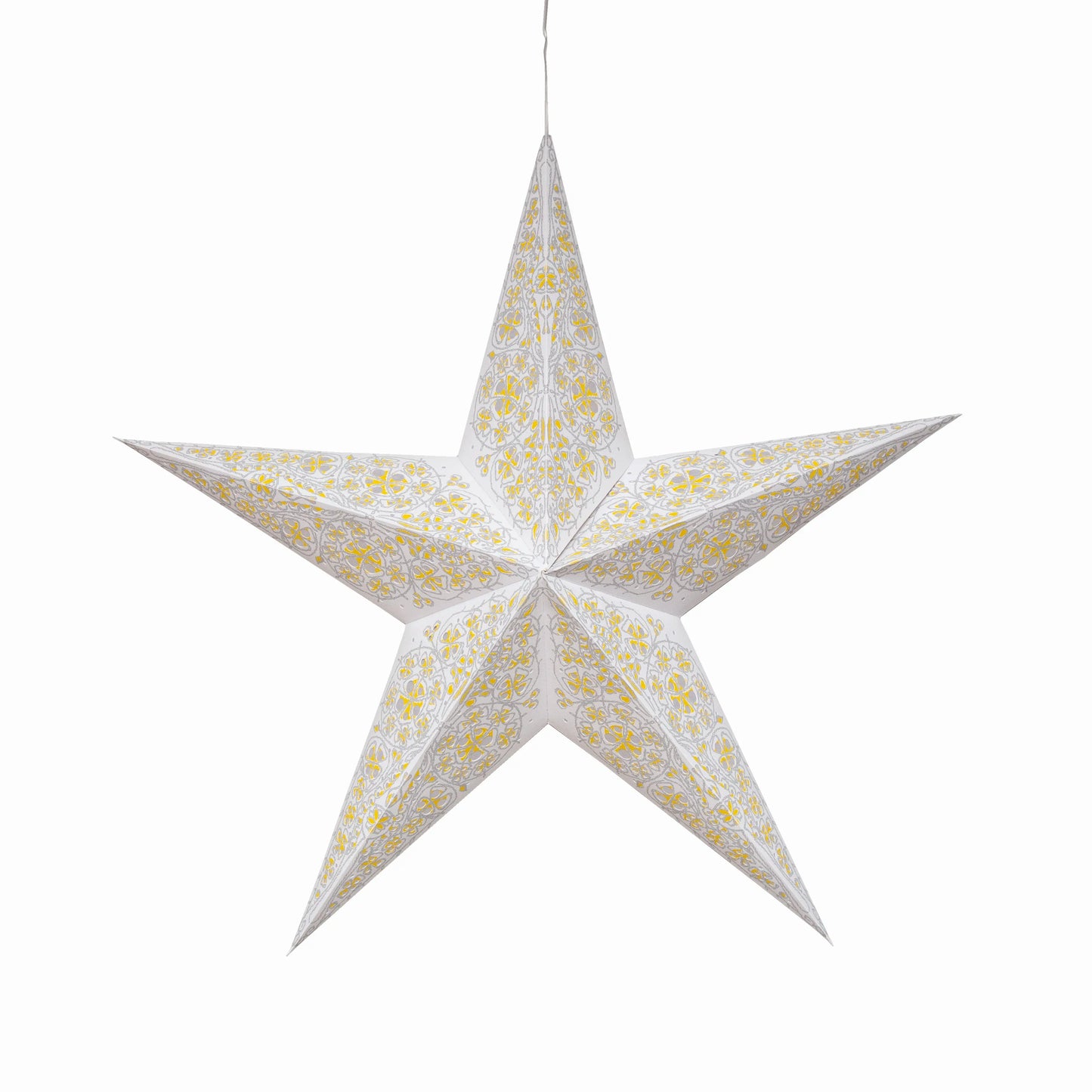 24-inch white and yellow 5-point Artschatz cathedral paper star with white tissue inlay. - Cathedral 5 Pointer 24" white/ yellow with white tissue inlay
