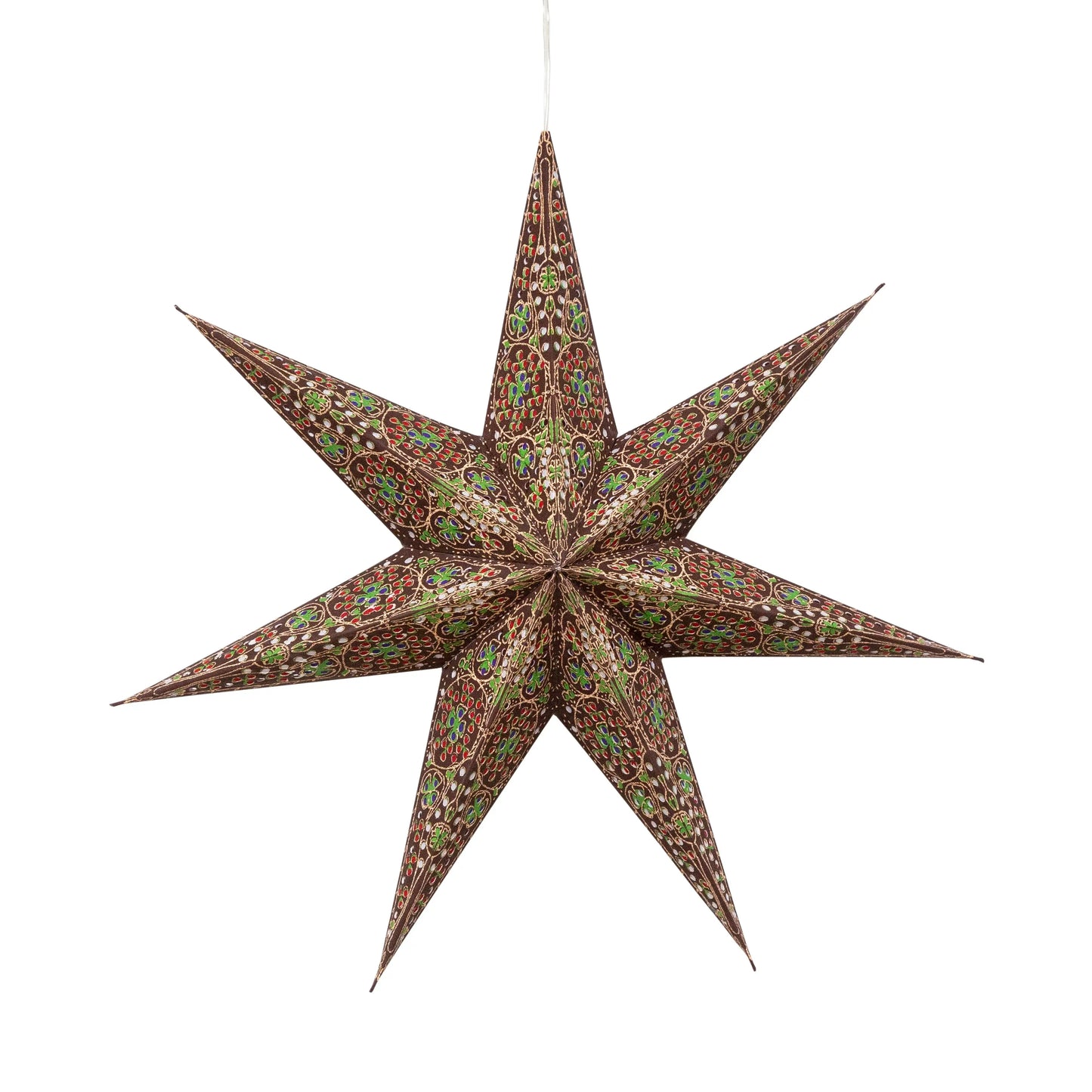 Artschatz 16" brown and green cathedral 7-point paper star decoration. - Cathedral 7 Point 16" brown/green