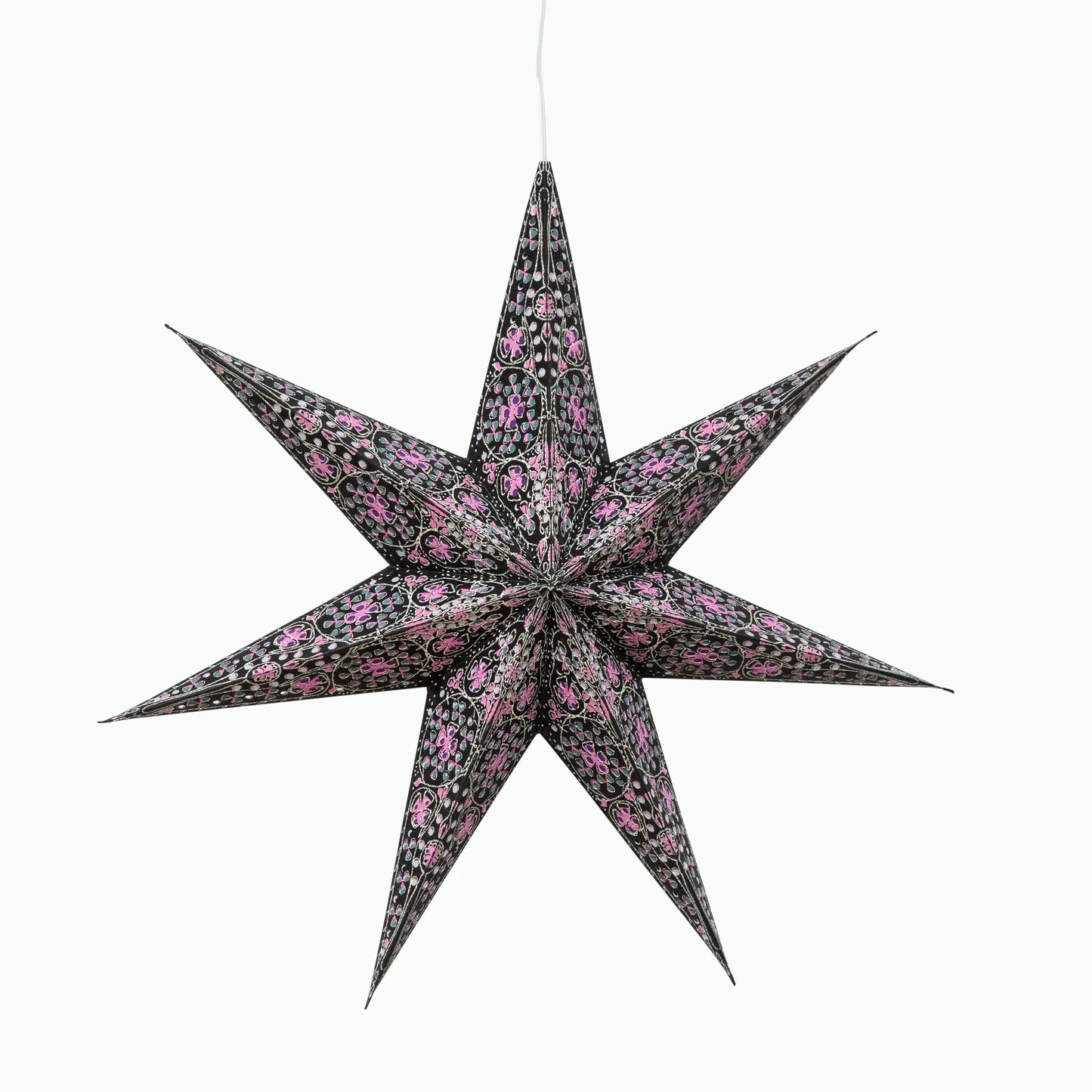 16" black and pink Artschatz cathedral 7-point paper star decoration. - Cathedral 7 Point 16" black/pink