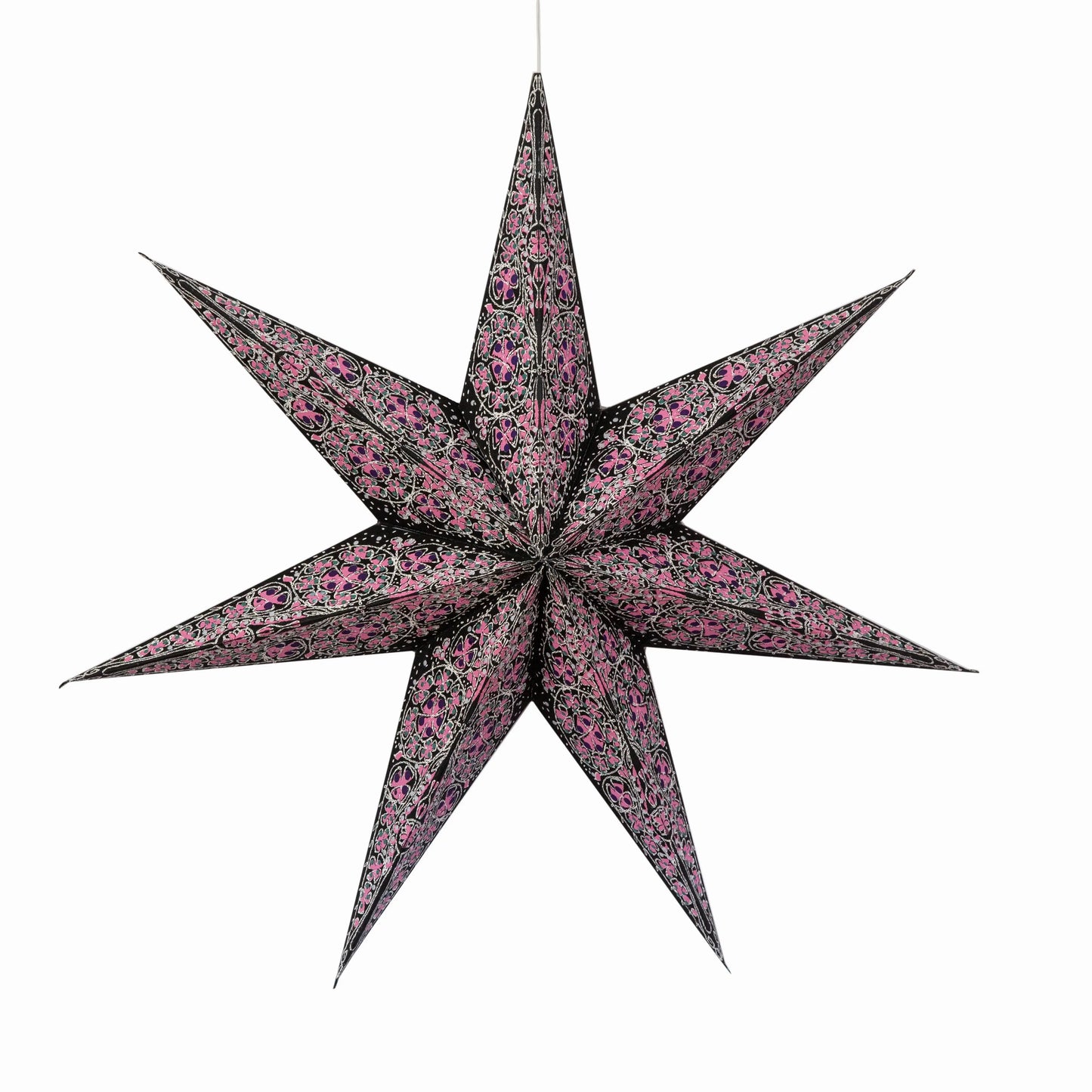 24-inch black and pink 7-point paper star lantern with Artschatz pattern. - Cathedral 7 Point 24" black/pink