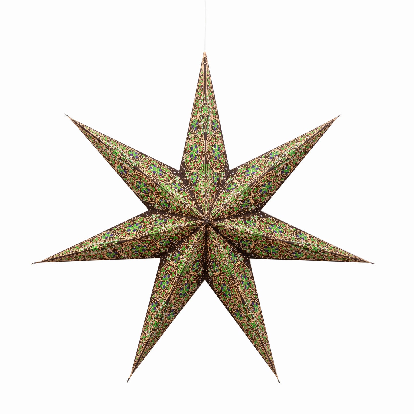 Artschatz 24 inch brown and green cathedral 7-point paper star ornament. - Cathedral 7 Pointer 24 inch brown/green