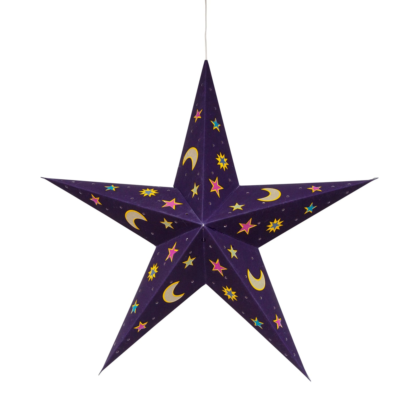 Purple 15" Artschatz Cosmic 5-point paper star with yellow moons and colorful celestial patterns. - Cosmic 5 Point 15" purple