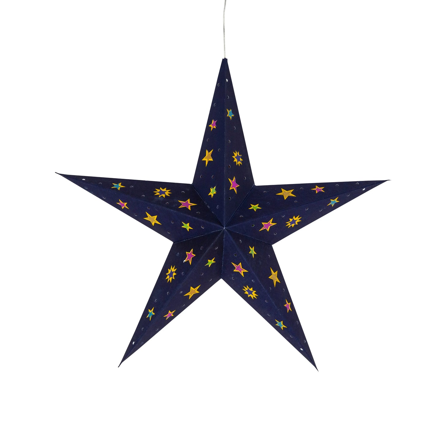 Blue 15" Artschatz Cosmic paper star with five points and colorful star patterns. - Cosmic 5 Point 15" blue