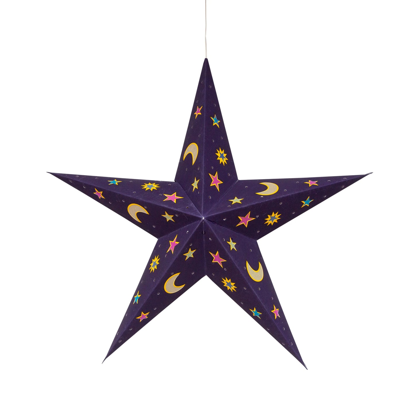 Purple 24" Artschatz Cosmic 5-point paper star with yellow crescent moons and colorful galaxy patterns. - Cosmic 5 Point 24" purple