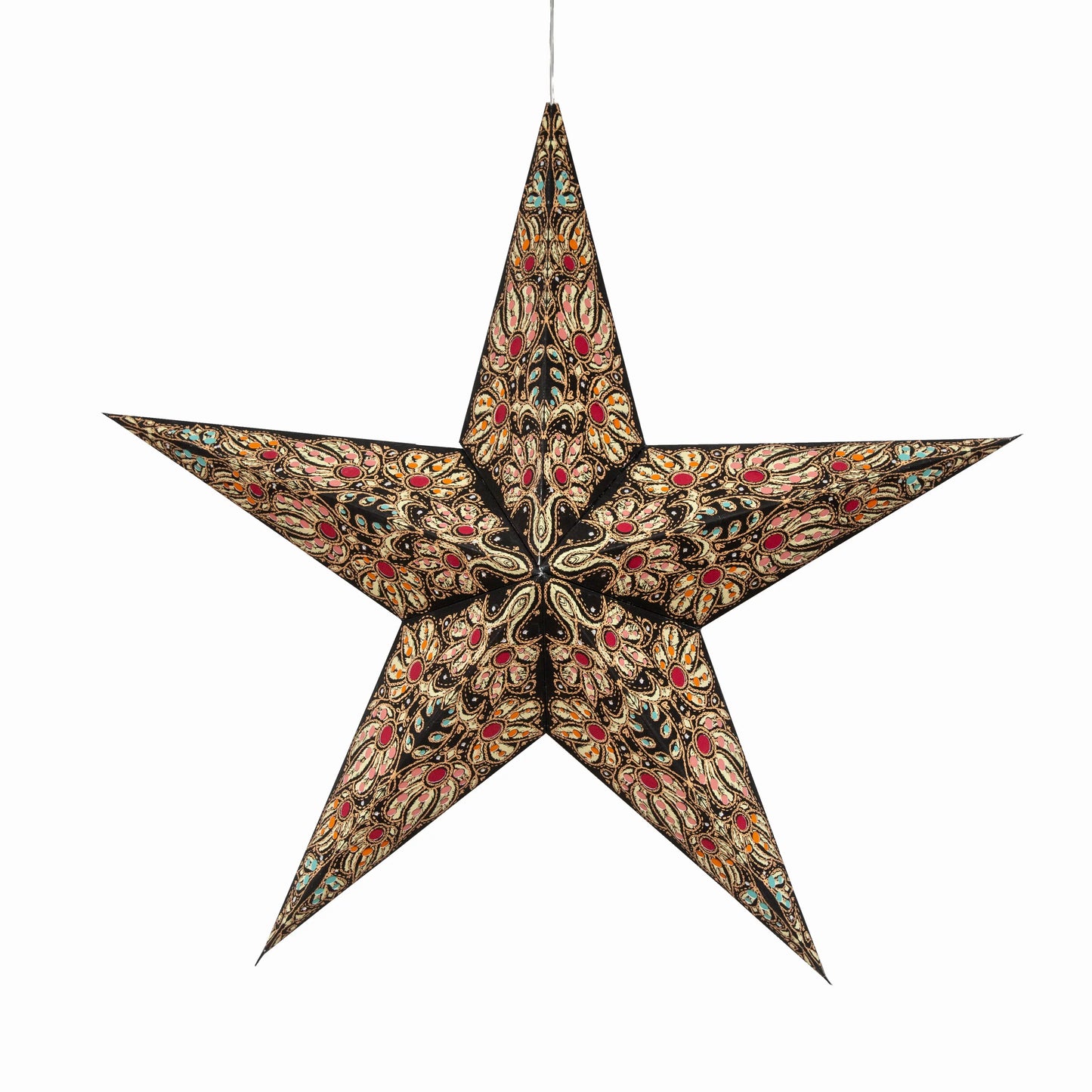 24-inch black and yellow Artschatz five-point paper star with intricate floral pattern. - Cosecha 5 Pointer 24" Black Yellow