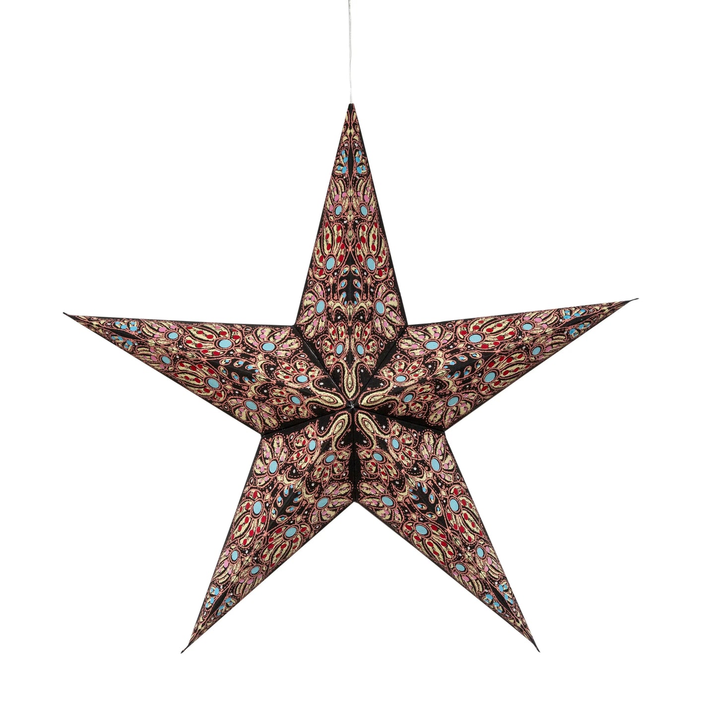 24-inch Artschatz 5-point paper star in black with intricate yellow and pink patterns. - Cosecha 5 Pointer 24" Black Yellow Pink