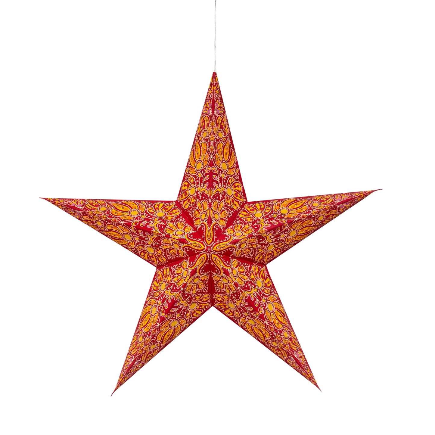 24-inch Artschatz 5-point paper star in red and yellow with intricate patterns. - Cosecha 5 Pointer 24" Red Yellow