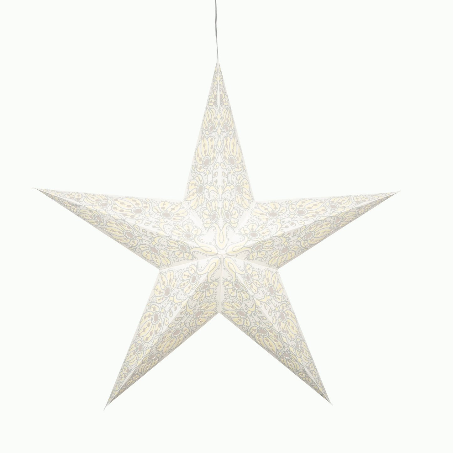 24-inch Artschatz white and yellow paper 5-point star lantern with intricate grey patterns. - Cosecha 5 Pointer 24" White/yellow/grey