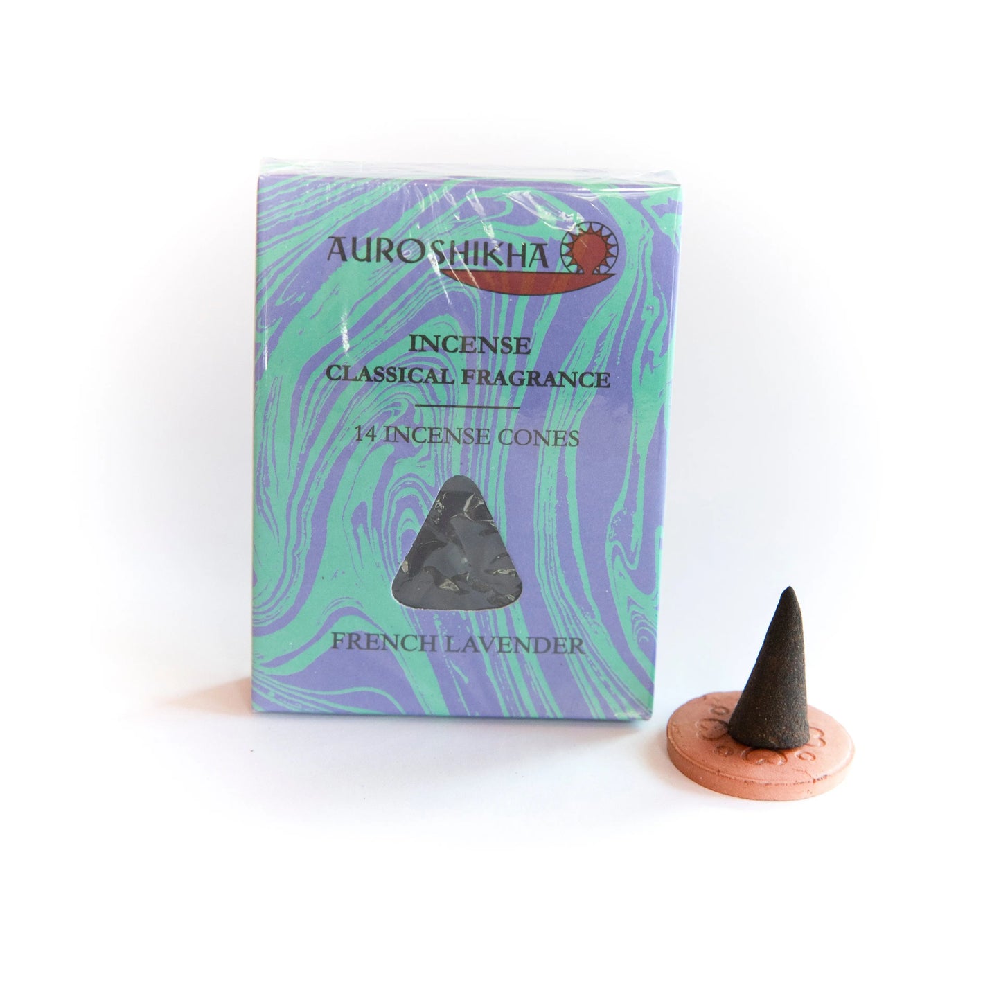 Artschatz Auroshikha French Lavender marbled incense cone with terracotta holder on white background. - French Lavender