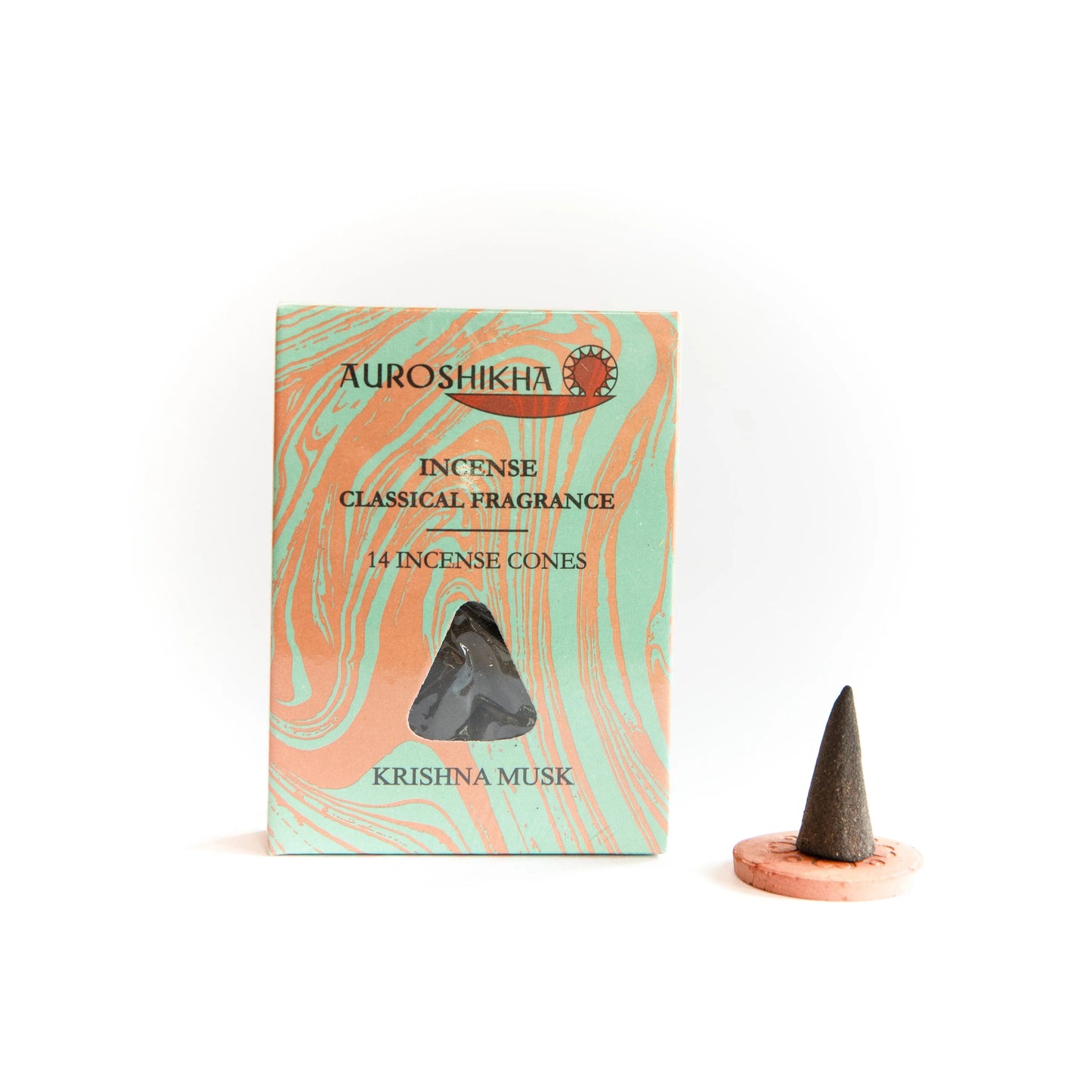 Auroshikha Musk incense marbling cone with Artschatz branding and single dark gray cone on holder. - Musk