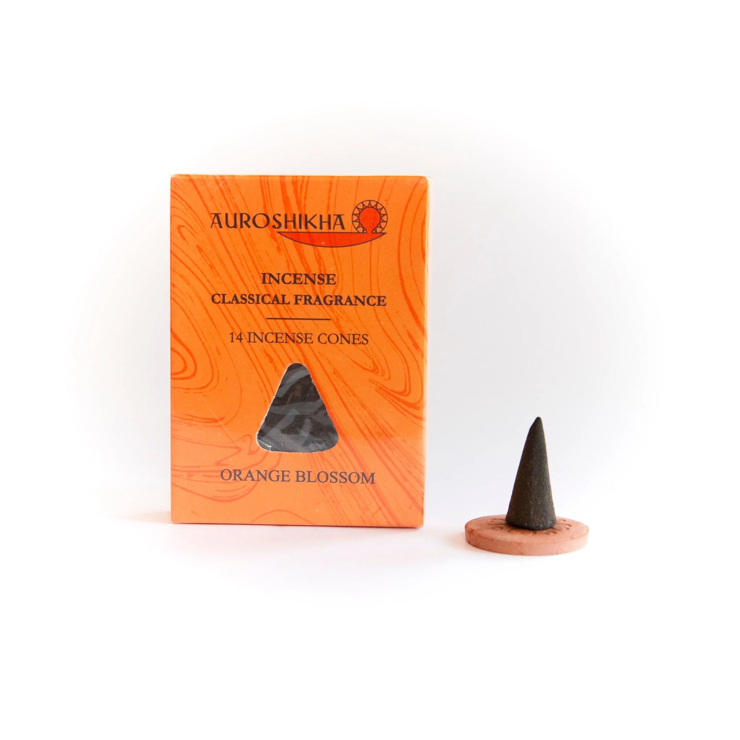 Orange Blossom Auroshikha Artschatz marbled incense cones with terracotta holder on white background. - Orange Blossom