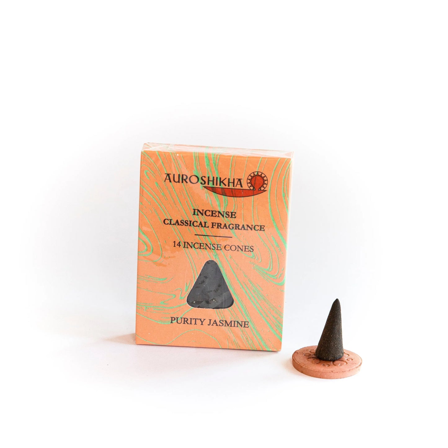 Auroshikha Artschatz Jasmine incense cones with peach packaging and a single dark brown cone on a terracotta holder. - Jasmine (Purity)