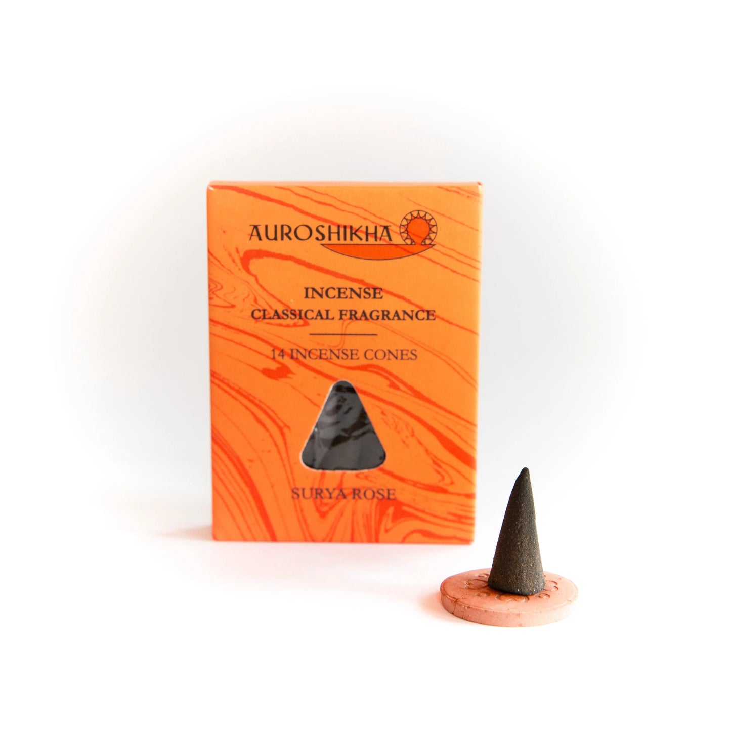 Orange Artschatz Auroshikha Rose marbling incense cone with matching holder on white background. - Rose (Surya)