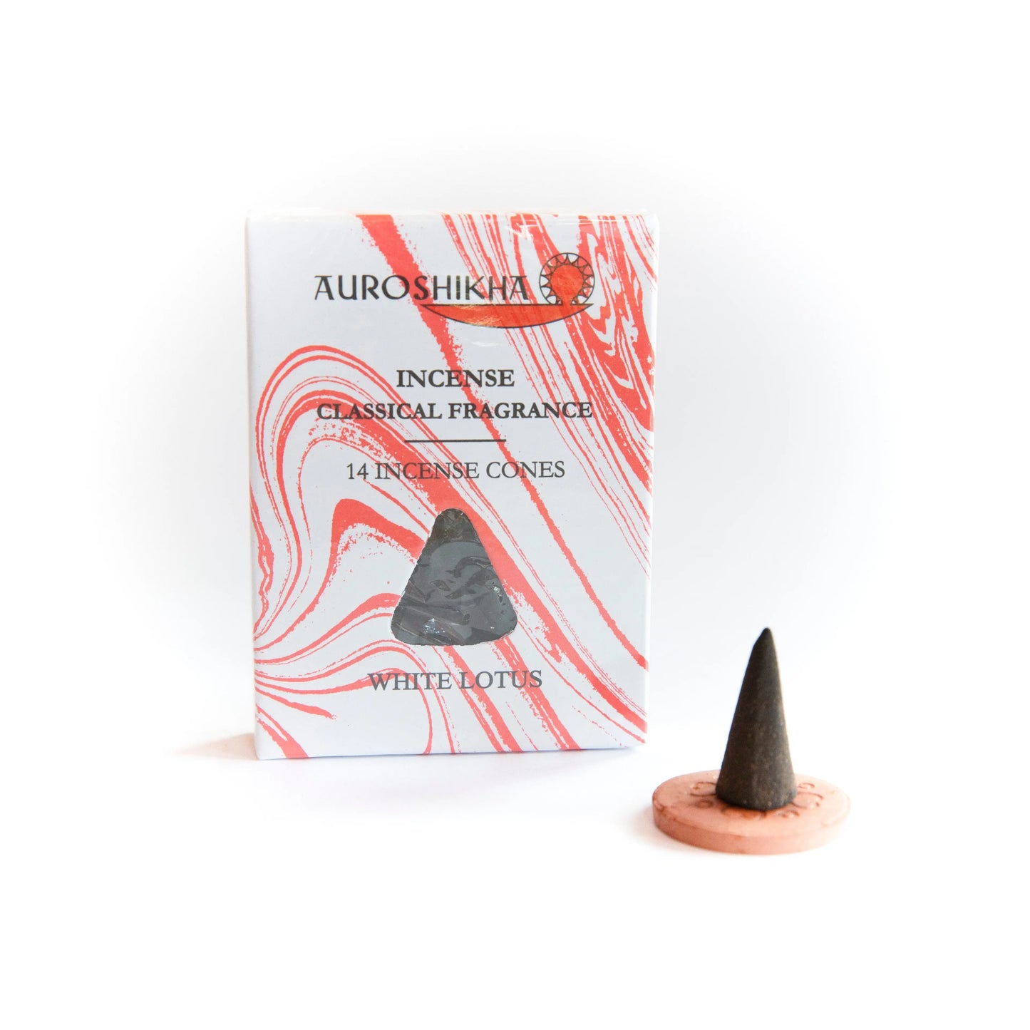 Auroshikha White Lotus incense cones with white and red marbled packaging and black cone on terracotta holder Artschatz. - White Lotus