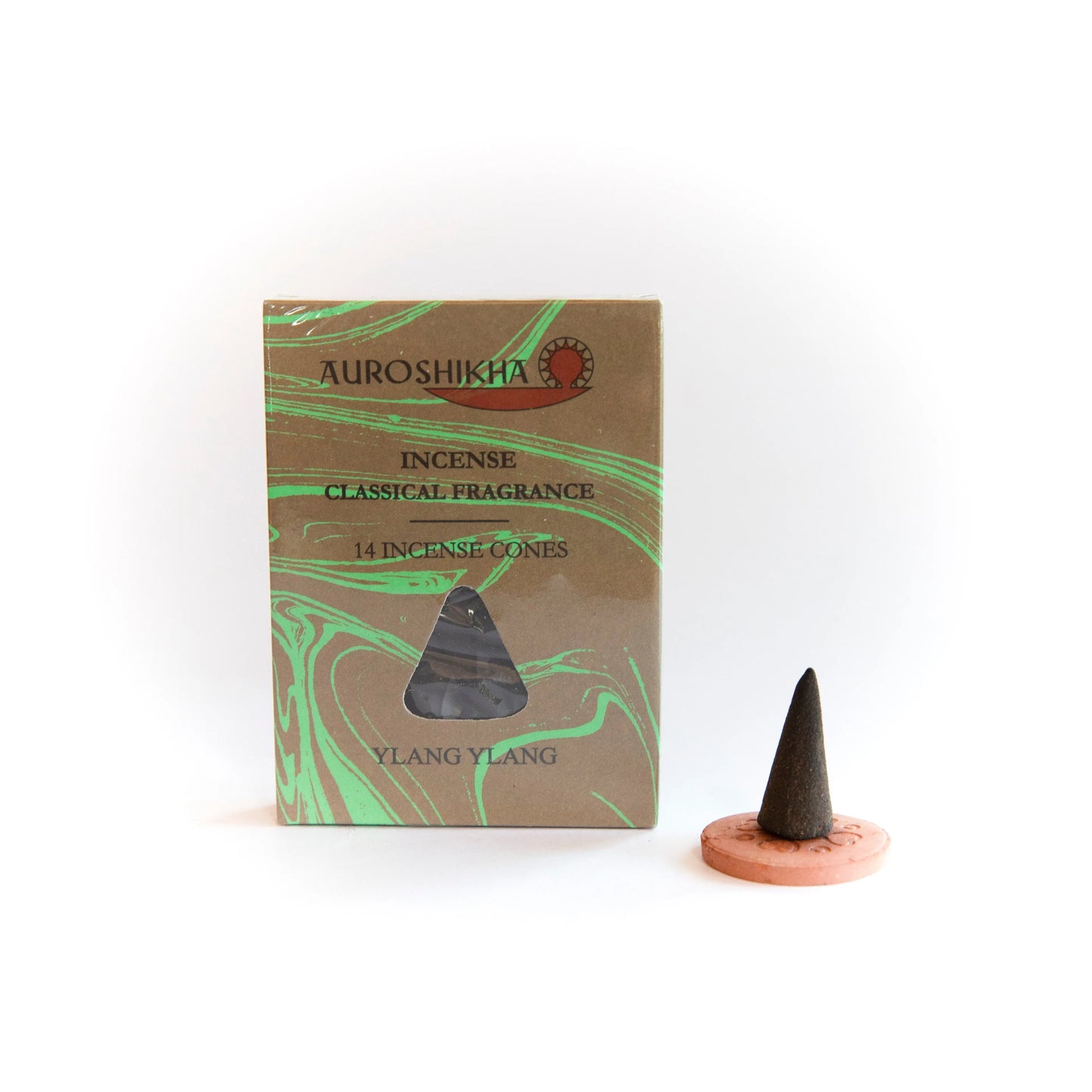 Auroshikha Ylang Ylang incense cone with green marbled box and Artschatz branding on white background. - Ylang Ylang