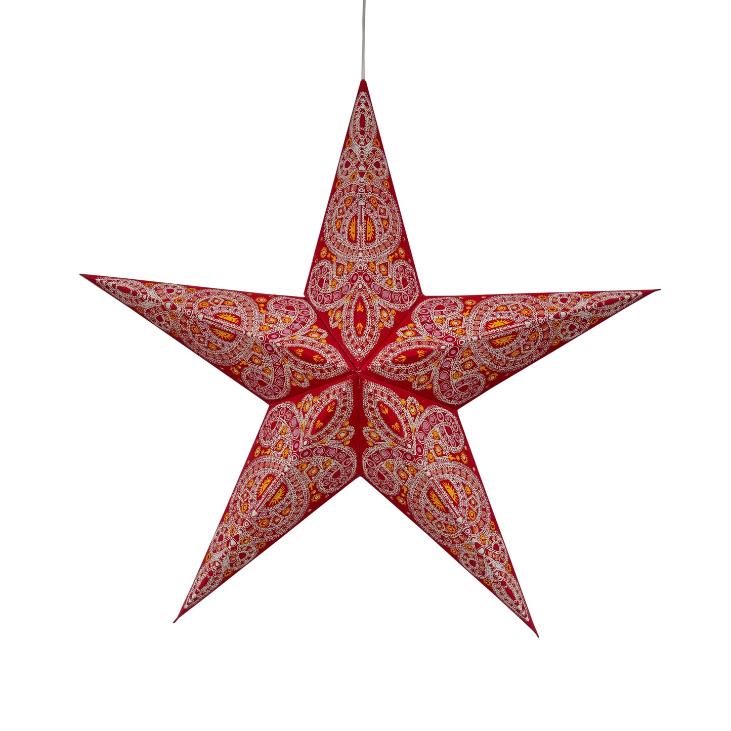 Red 24-inch Artschatz Dolores 5-point paper star with intricate paisley patterns. - Dolores 5 Pointer 24" Red