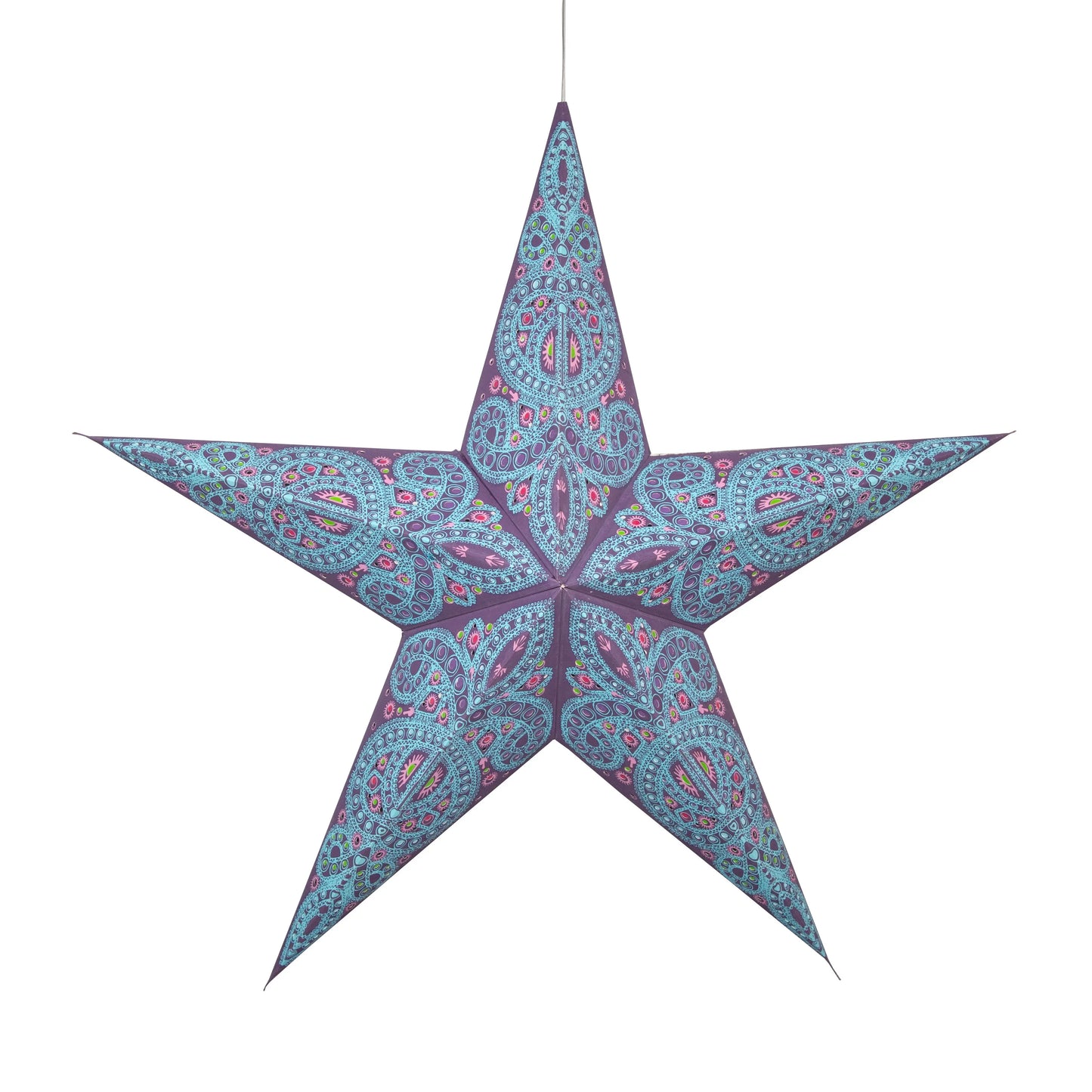 24-inch Artschatz Dolores 5-point paper star in purple with intricate paisley patterns. - Dolores 5 Pointer 24" Purple