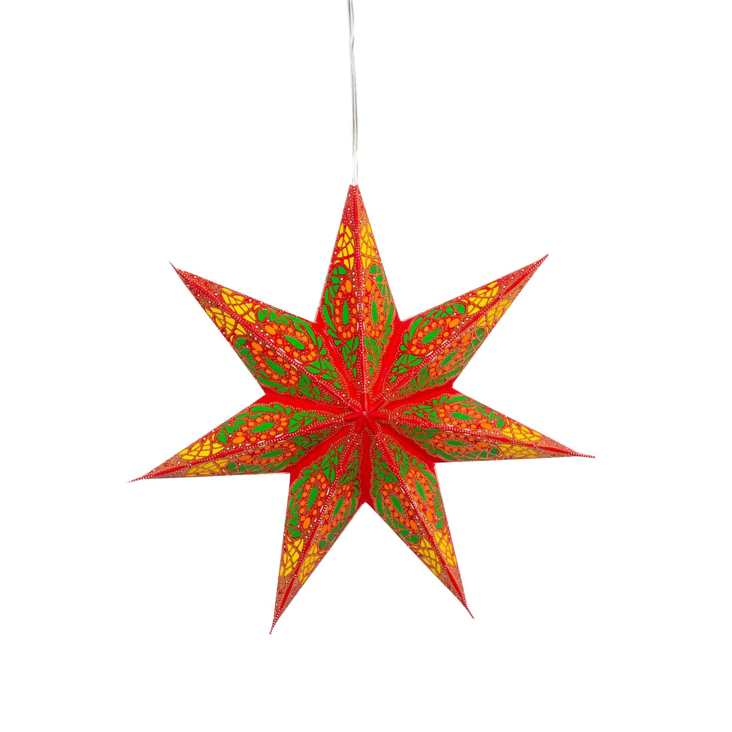 Artschatz 8-inch 7-point paper star in red, yellow, orange, and green with glitter detailing. - Fe Fiesta 7 Pointer 8 inch - red / yellow / orange / green