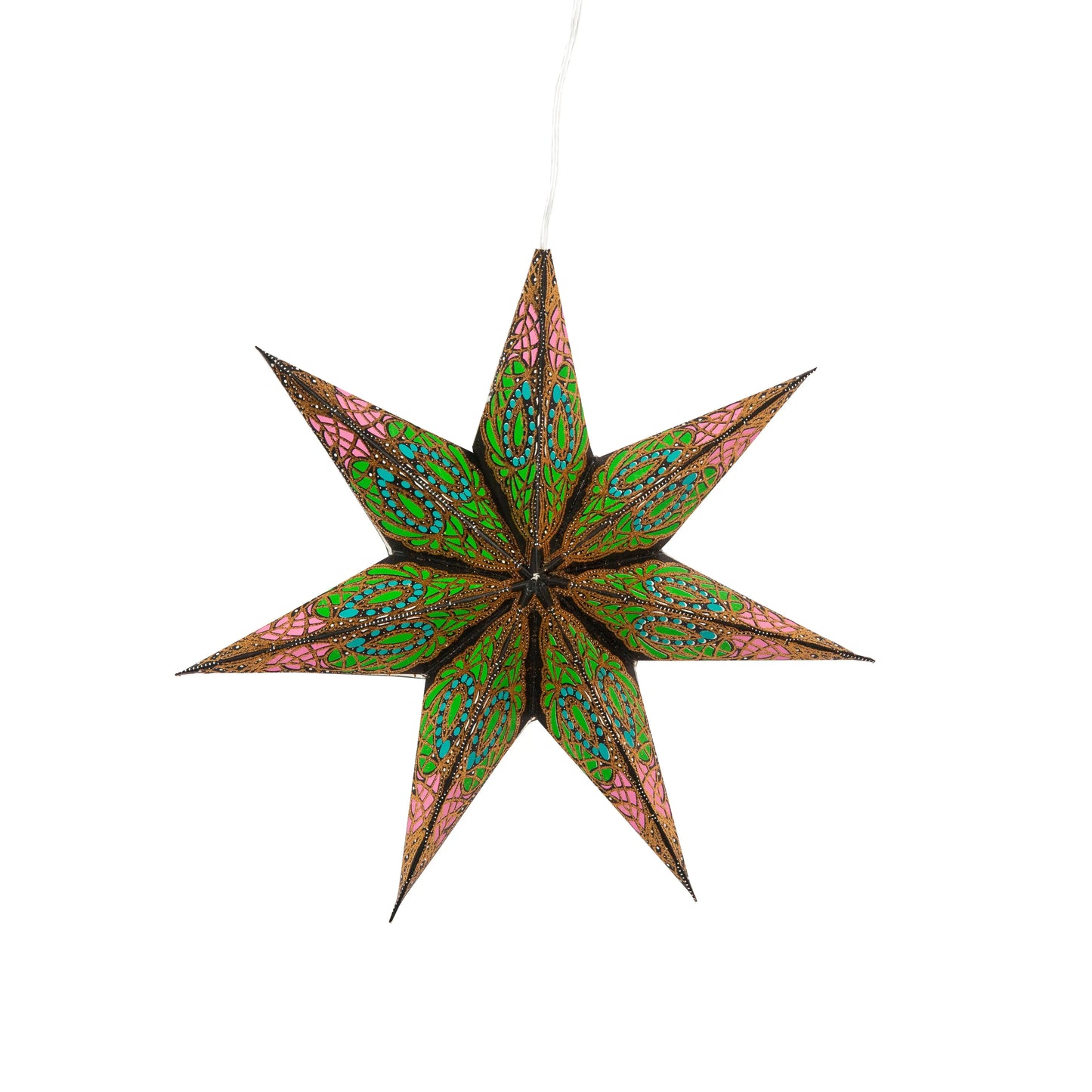 Artschatz 7-point black paper star with green, blue, and pink glitter accents, 8-inch hanging decoration. - Fe Spring 7 Pointer 8 inch - black / green / blue / pink