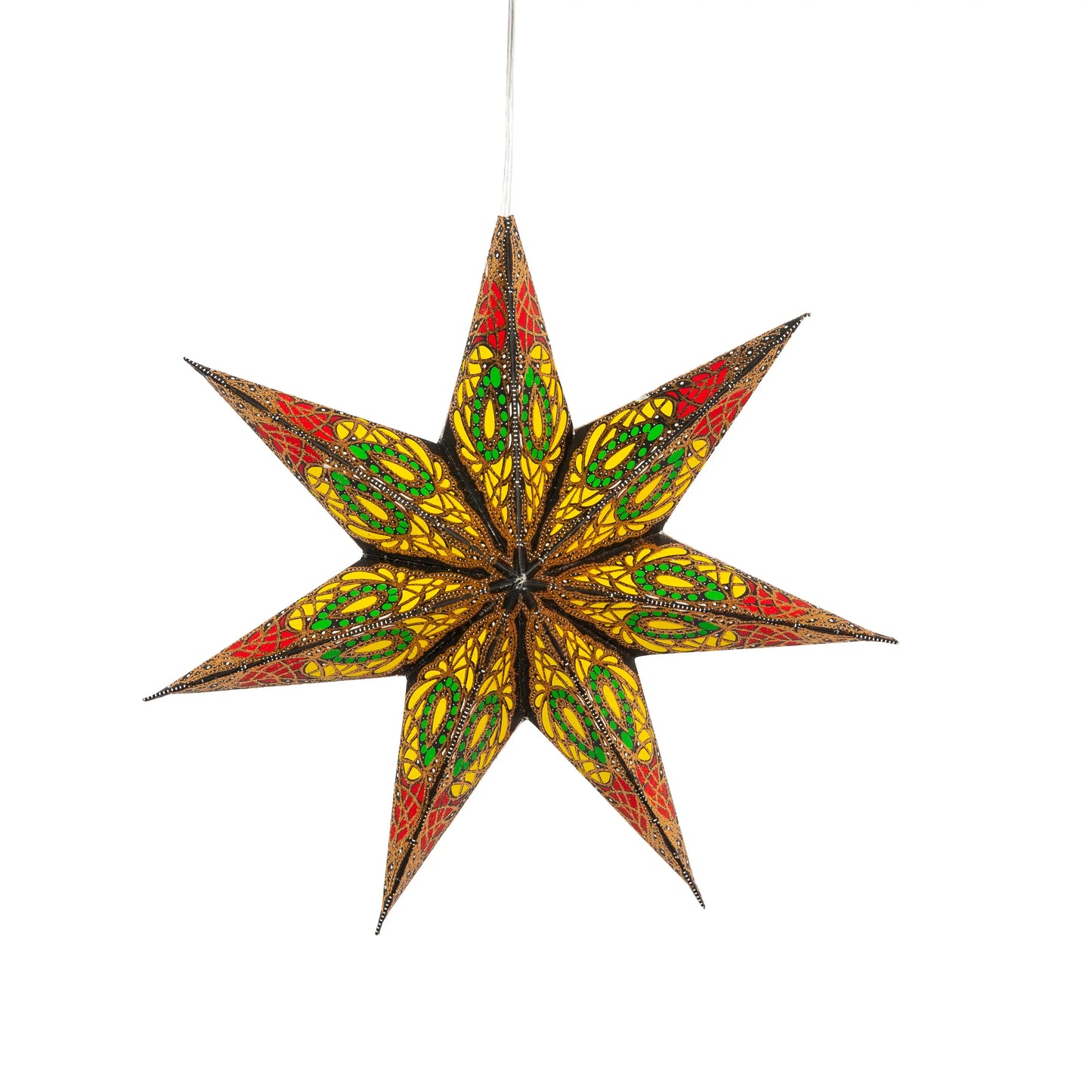 Black 7-point Artschatz paper star with red, yellow, and green glitter accents, 8-inch small festive decoration. - Fe Jama - 7 Pointer 8 inch - black w/ red / yellow / green