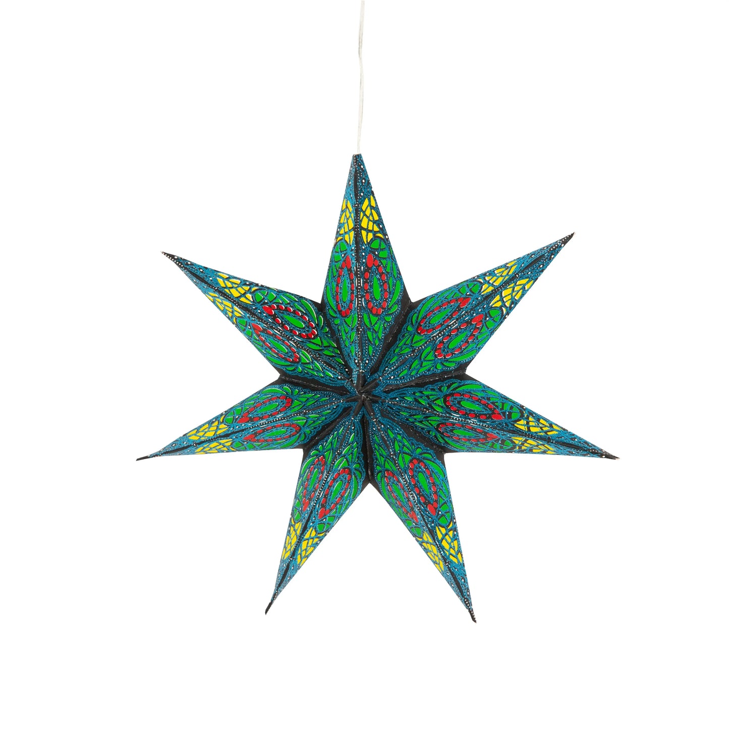 Black and green 7-point paper star with red and yellow glitter details, Artschatz design. - Fe Arbu - 7 Pointer 8 inch - black / green / red / yellow