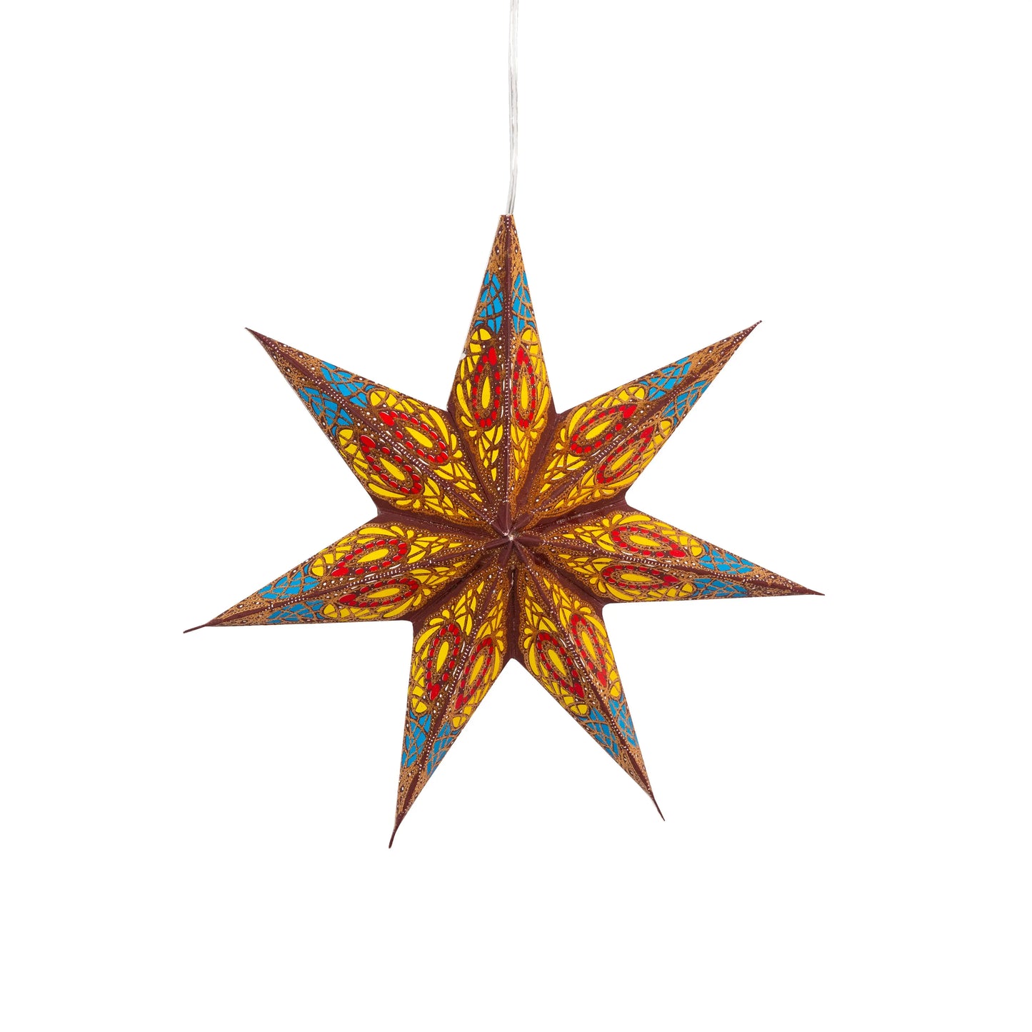 Artschatz 8-inch brown 7-point paper star with yellow, blue, and red geometric patterns hanging ornament. - Fe Nava - 7 Pointer 8 inch - brown w/ yellow / blue / red