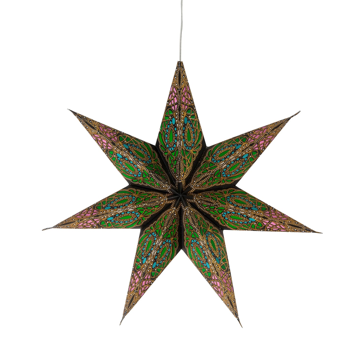Artschatz 12-inch 7-point paper star with black, green, blue, and pink glitter accents hanging ornament. - Fe Spring 7 Pointer 12 inch - black / green / blue / pink