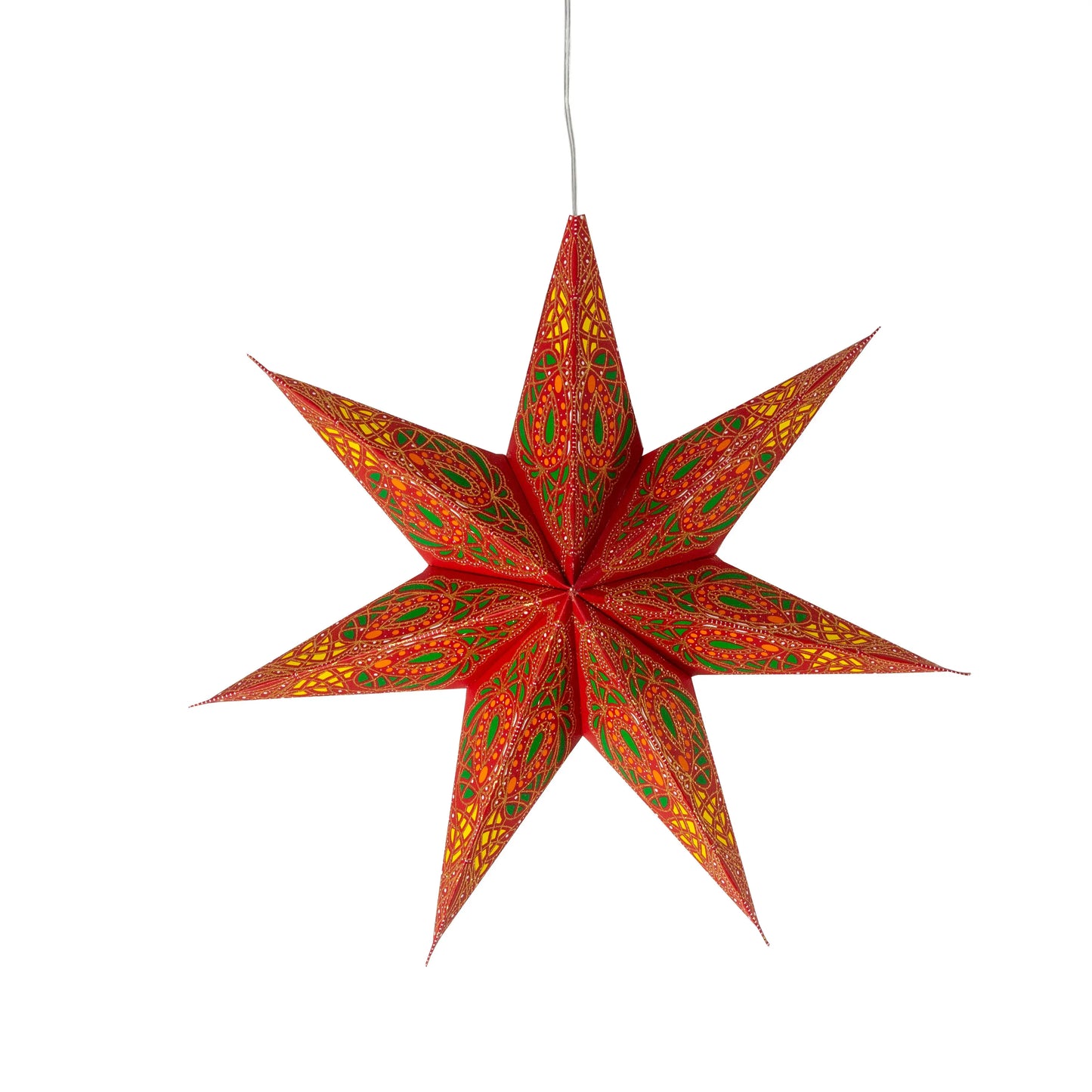 Artschatz 12-inch 7-pointer paper star in red with yellow, orange, and green glitter details. - Fe Fiesta 7 Pointer 12 inch - red / yellow / orange / green