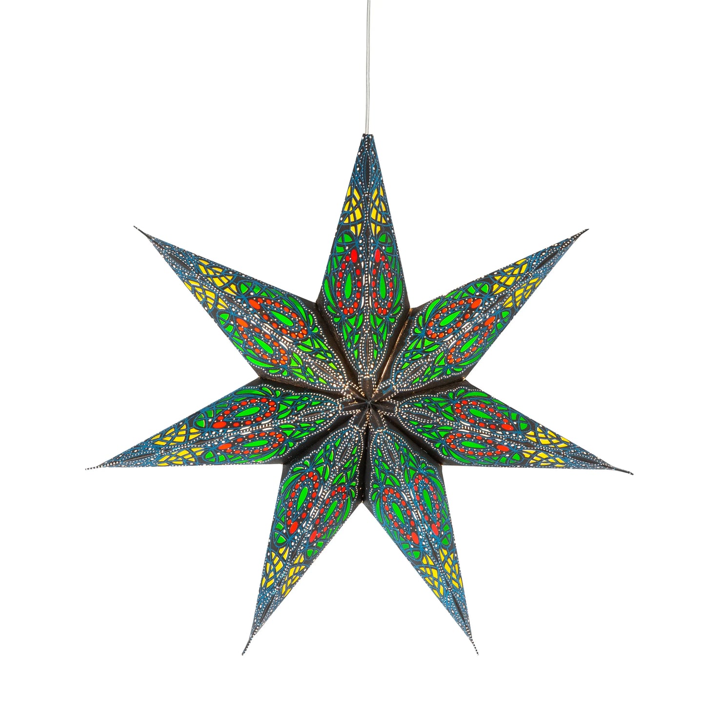 Black 12-inch glittery 7-point paper star with green, red, and yellow accents, hanging Artschatz decoration. - Fe Arbu - 7 Pointer 12 inch - black / green / red / yellow