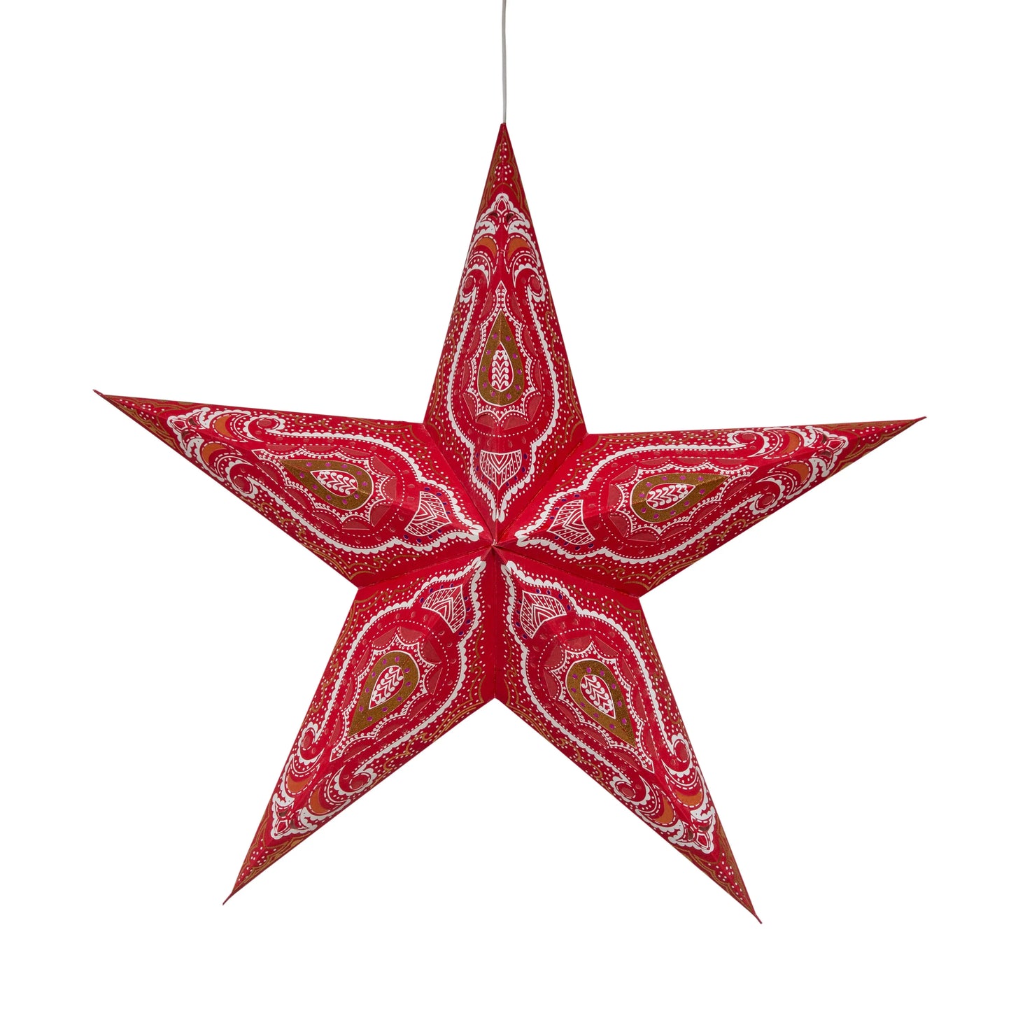 Artschatz 24" red paper star with five points and gold glitter accents. - Fornax 5 Point 24" Red with Gold Glitter