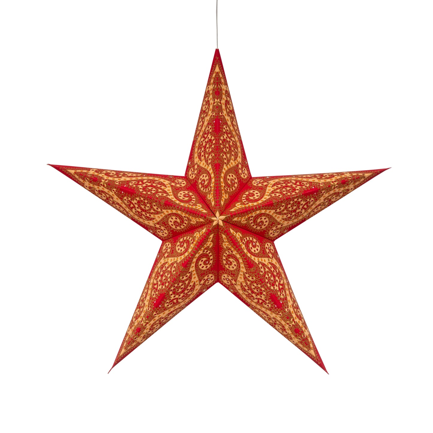 Red and orange 24-inch Artschatz Gaudí 5-point paper star with gold decorative patterns. - Gaudí 5 Pointer 24" Red/ Orange