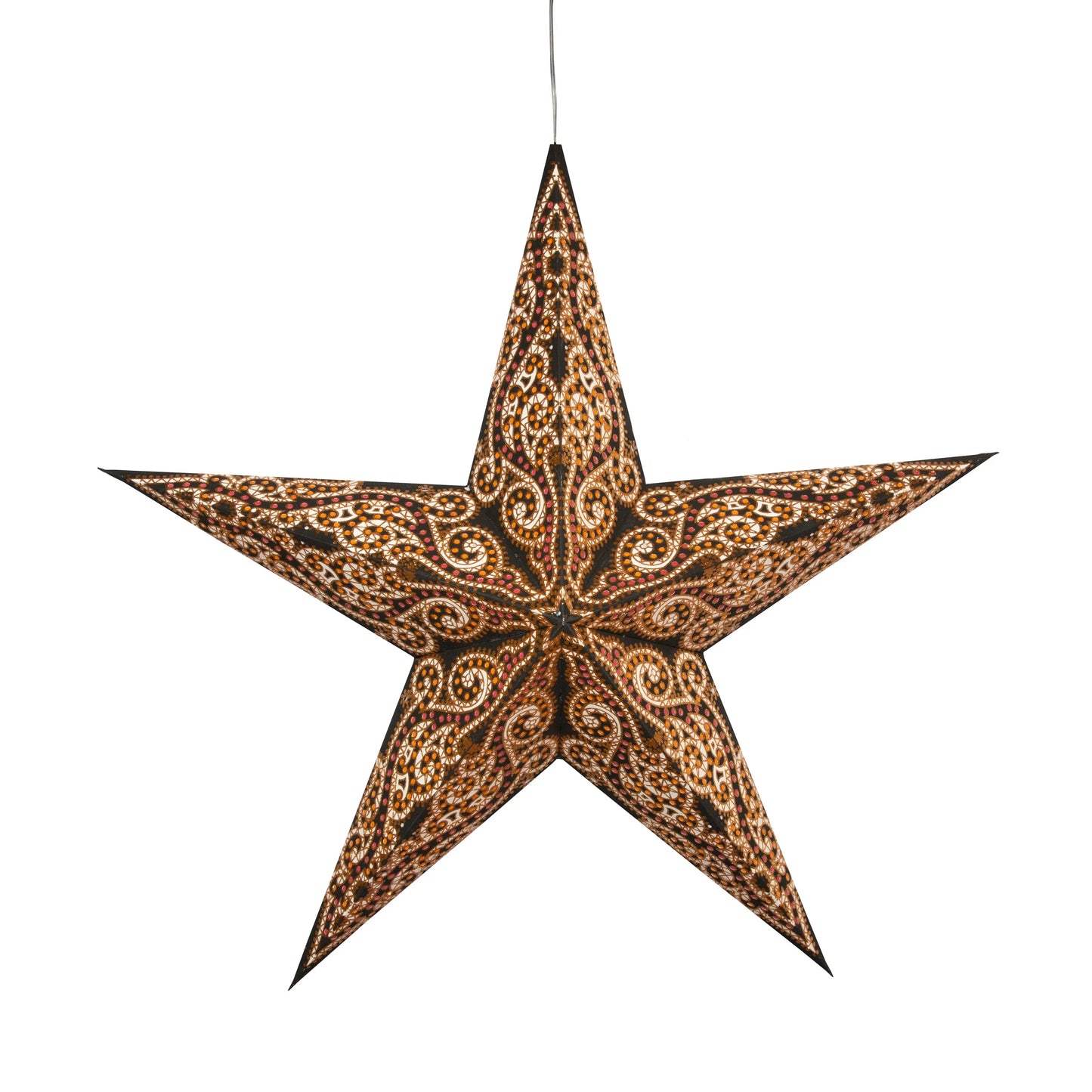 24-inch Artschatz Gaudí 5-pointer paper star in black with gold ornamental patterns. - Gaudí 5 Pointer 24" Black / Gold
