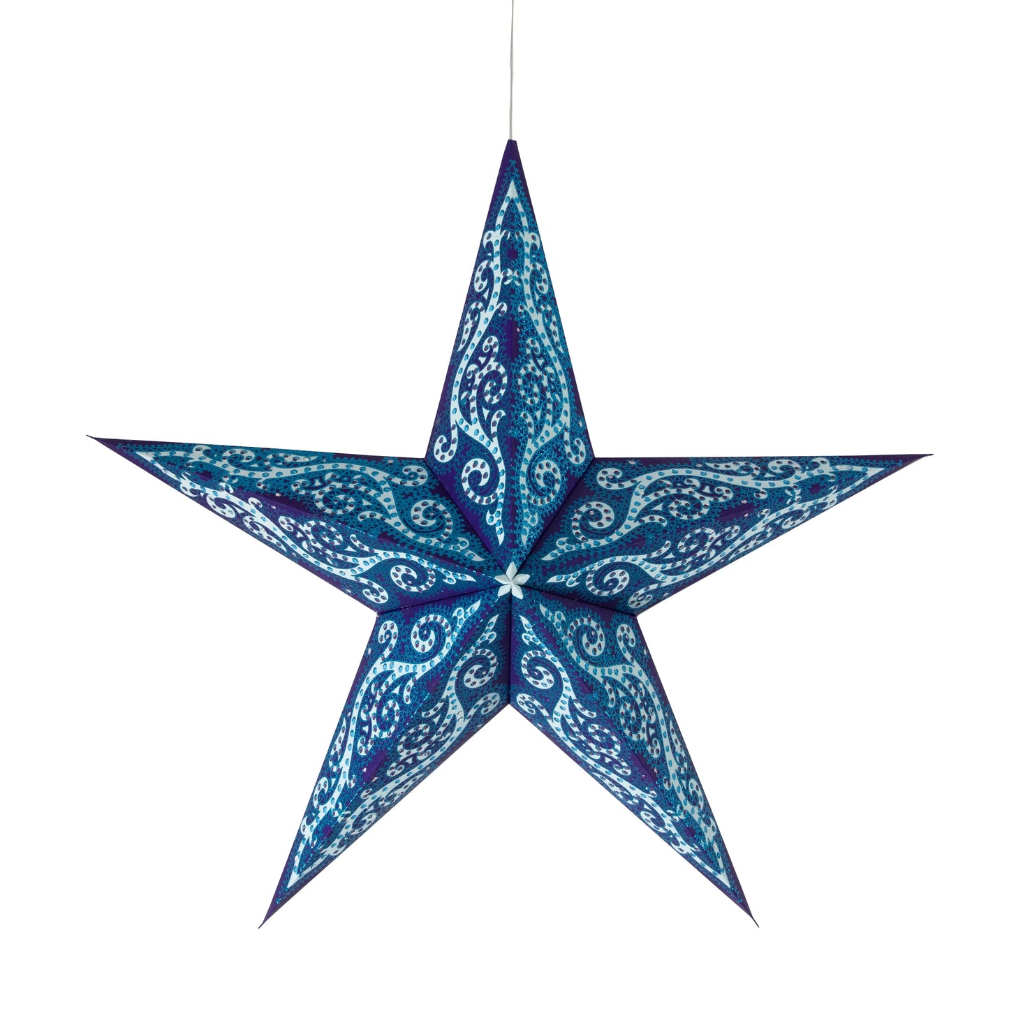 Purple and sky blue 24-inch five-point paper star with intricate swirl patterns, Artschatz design. - Gaudí 5 Pointer 24" Purple / Sky Blue