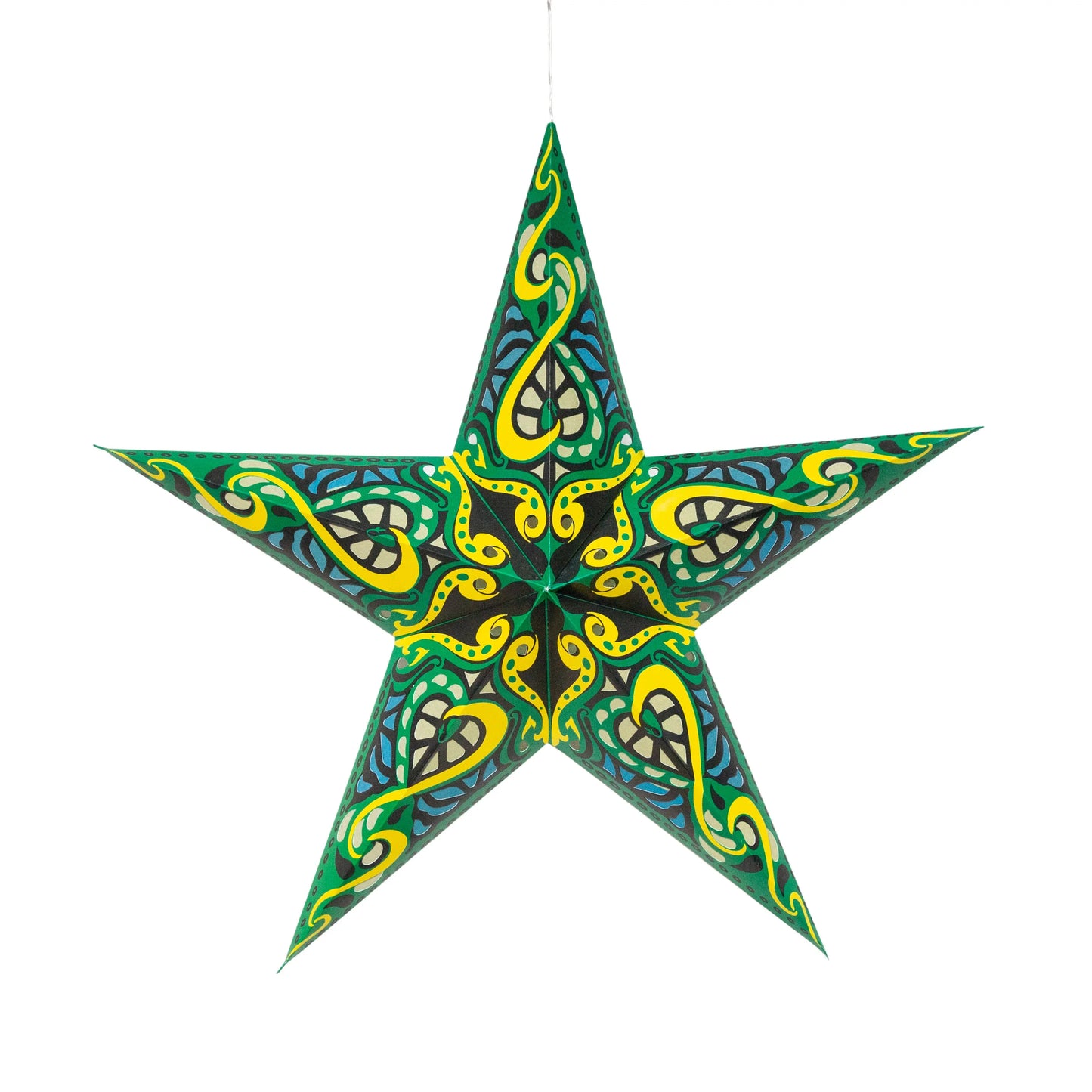 24" Artschatz Gaea 5-point paper star with green and yellow intricate swirl patterns. - Gaea 5 Point 24" Green / Yellow